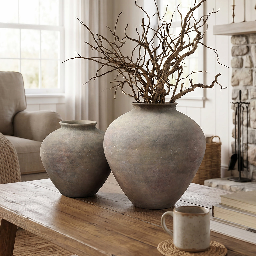 12.5" Tall Round Ceramic Vase, Antique Dark Gray