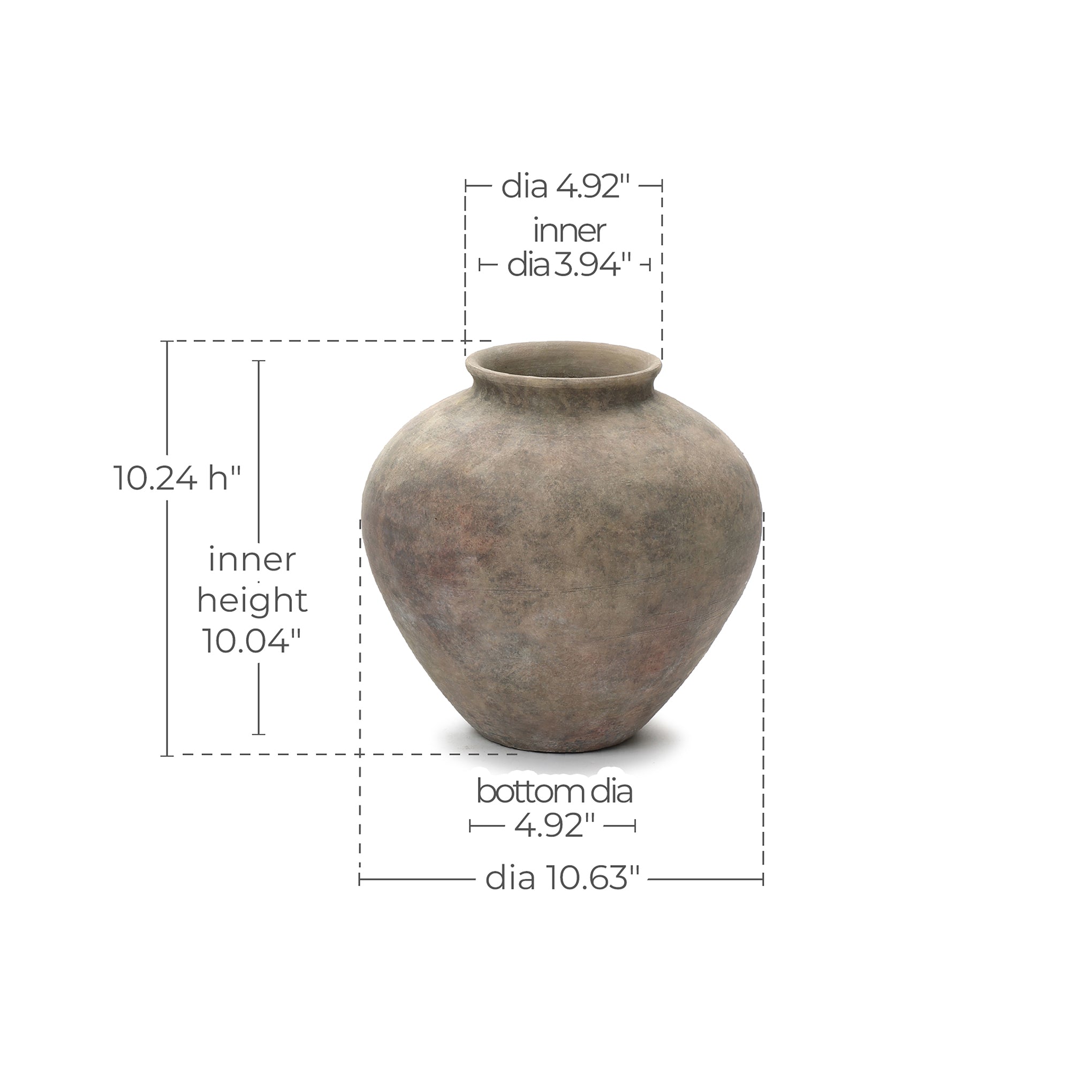 10.2" Tall Round Ceramic Vase, Antique Dark Gray