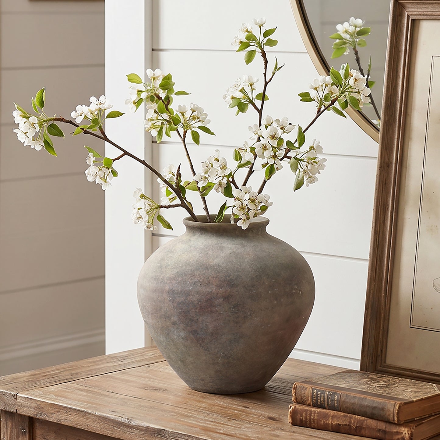 Round Bowl Terracotta Decor Vase, Antique Gray-Brown