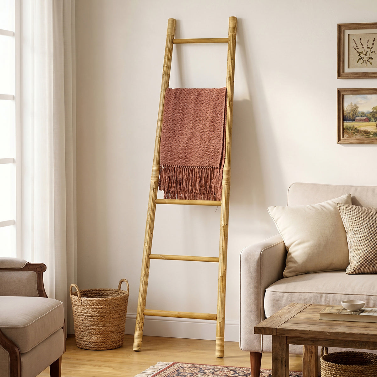 6-Tier Leaning Wood Rattan Blanket Ladder Rack, Pine, 71"