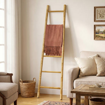 6-Tier Leaning Wood Rattan Blanket Ladder Rack, Pine, 71"