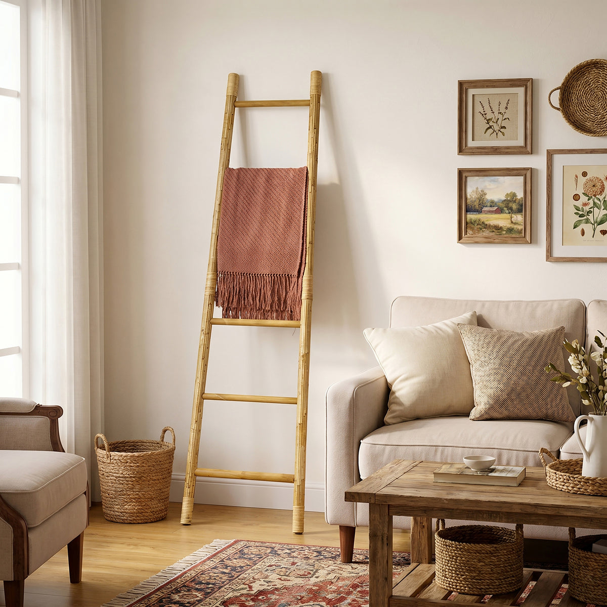 6-Tier Leaning Wood Rattan Blanket Ladder Rack, Pine, 71"