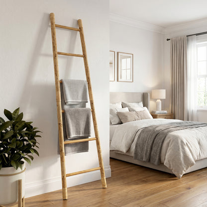 6-Tier Leaning Wood Rattan Blanket Ladder Rack, Pine, 71"