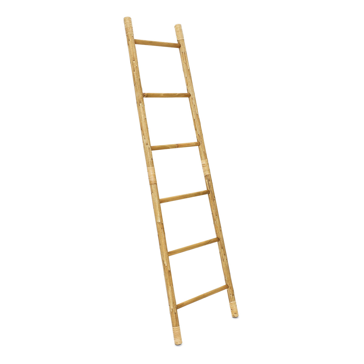 6-Tier Leaning Wood Rattan Blanket Ladder Rack, Pine, 71"