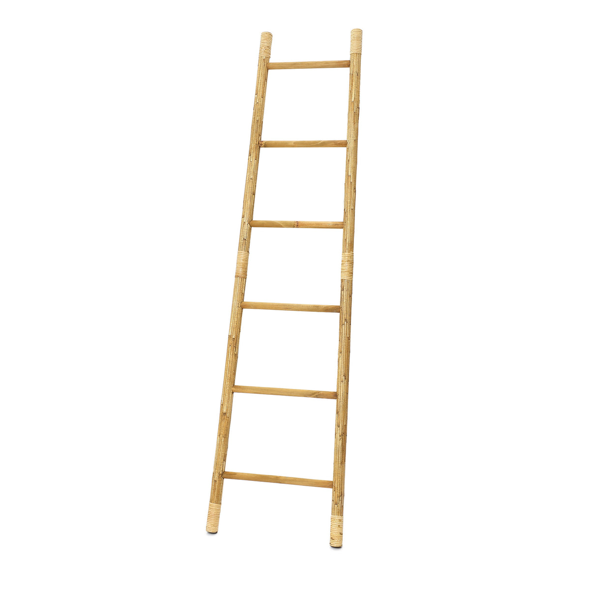 6-Tier Leaning Wood Rattan Blanket Ladder Rack, Pine, 71"