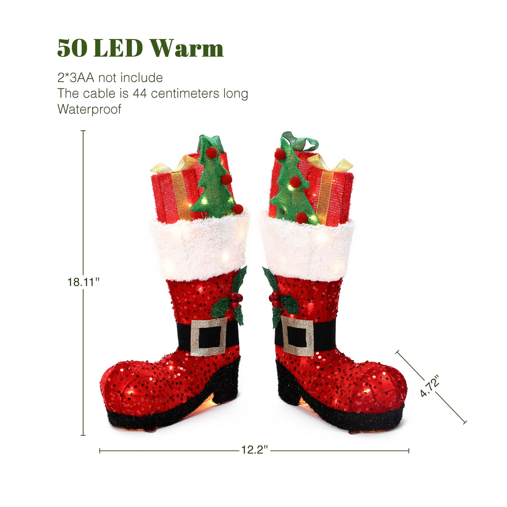 18.11" 50 LED Warm White Lighted Santa Boots Christmas Decor, 2 Pack Battery Operated Waterproof Pre-Lit Santa Boot Decoration for Indoor Outdoor Home, Yard, Party