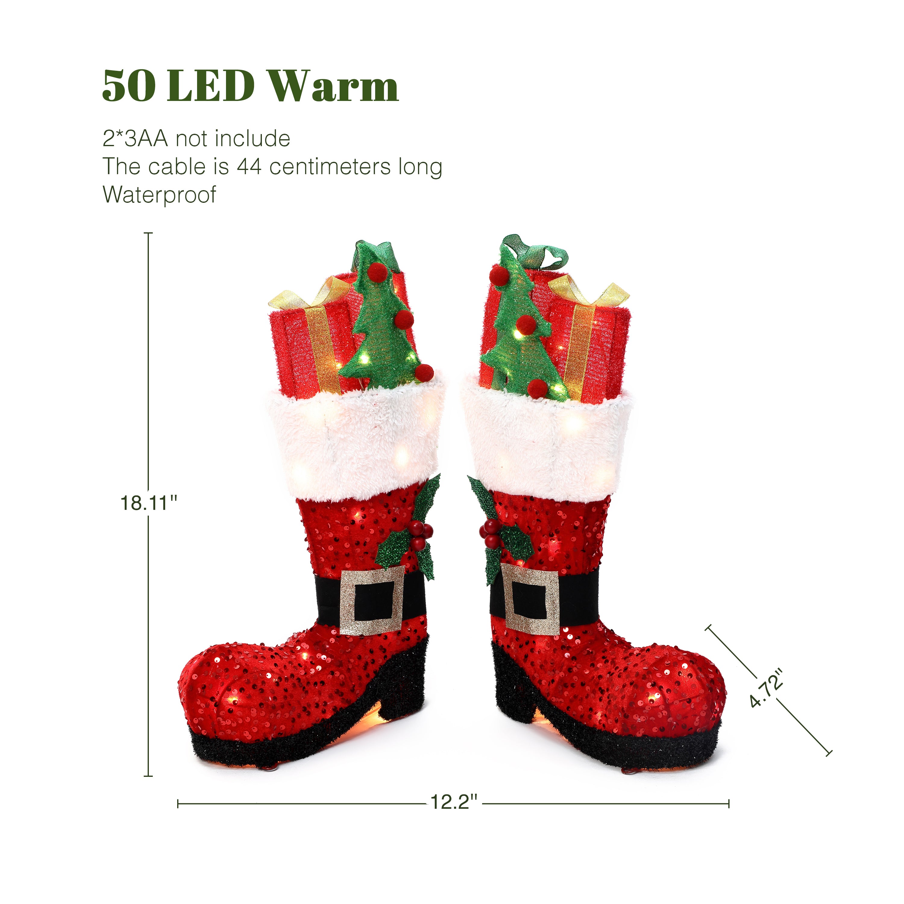 18.11" 50 LED Warm White Lighted Santa Boots Christmas Decor, 2 Pack Battery Operated Waterproof Pre-Lit Santa Boot Decoration for Indoor Outdoor Home, Yard, Party