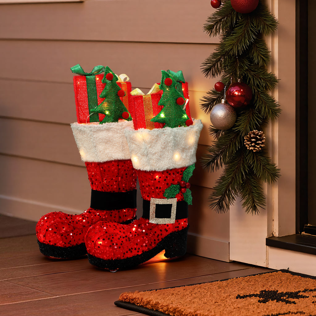 18.11" 50 LED Warm White Lighted Santa Boots Christmas Decor, 2 Pack Battery Operated Waterproof Pre-Lit Santa Boot Decoration for Indoor Outdoor Home, Yard, Party