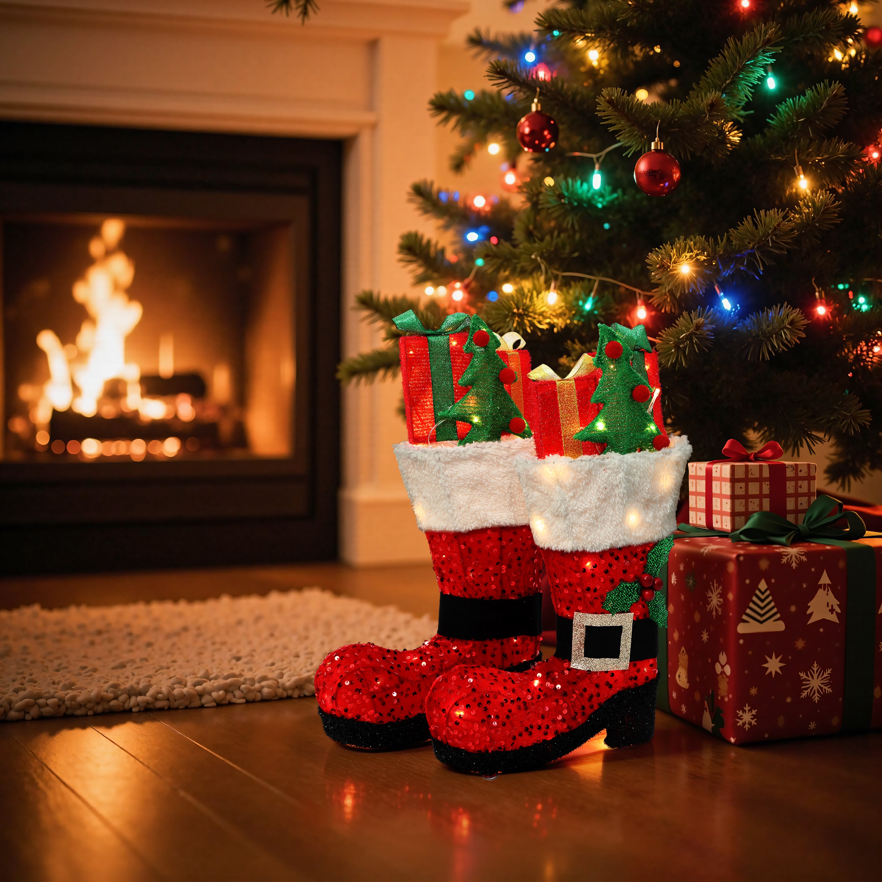 18.11" 50 LED Warm White Lighted Santa Boots Christmas Decor, 2 Pack Battery Operated Waterproof Pre-Lit Santa Boot Decoration for Indoor Outdoor Home, Yard, Party
