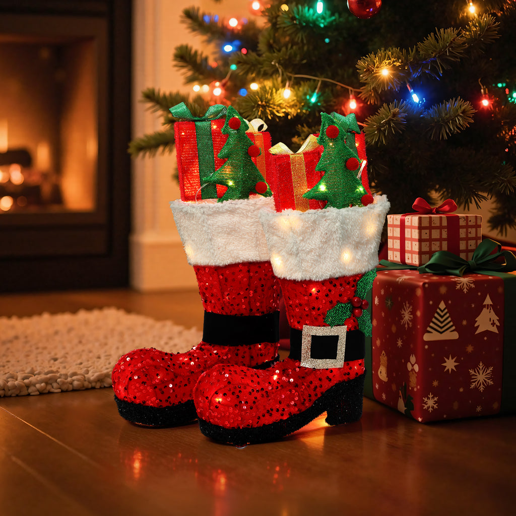 18.11" 50 LED Warm White Lighted Santa Boots Christmas Decor, 2 Pack Battery Operated Waterproof Pre-Lit Santa Boot Decoration for Indoor Outdoor Home, Yard, Party