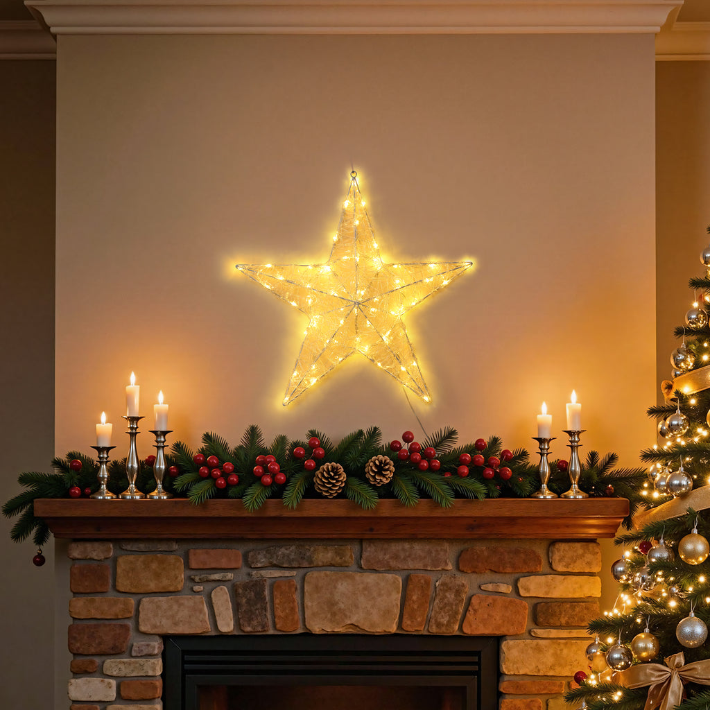 23 Inch 60 LED Warm White Lighted 3D Star Decor, Wireframe Hanging Star with Timer, Christmas Star Light for Indoor Outdoor Holiday, Party, Home, Window, Ceiling Decor