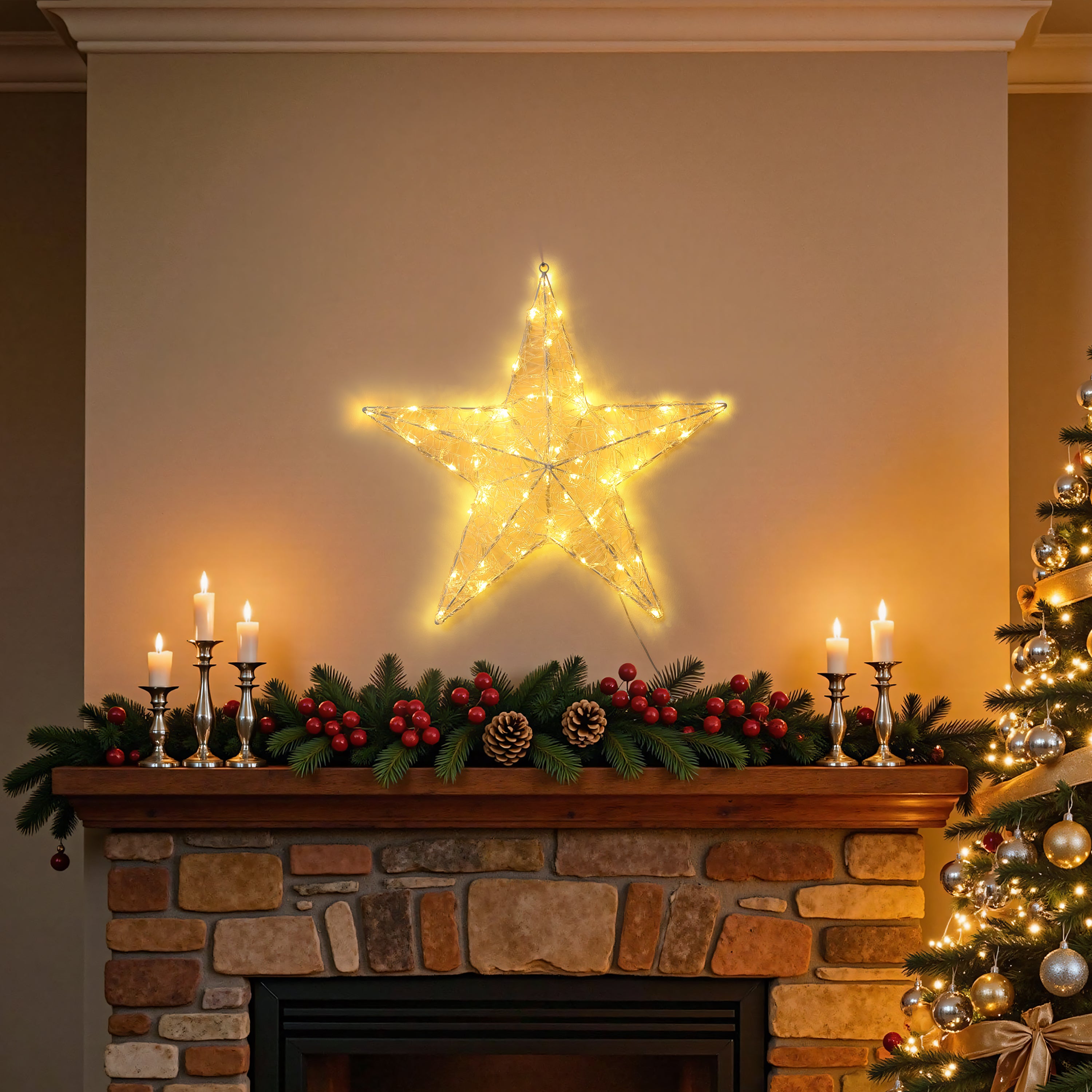 23 Inch 60 LED Warm White Lighted 3D Star Decor, Wireframe Hanging Star with Timer, Christmas Star Light for Indoor Outdoor Holiday, Party, Home, Window, Ceiling Decor