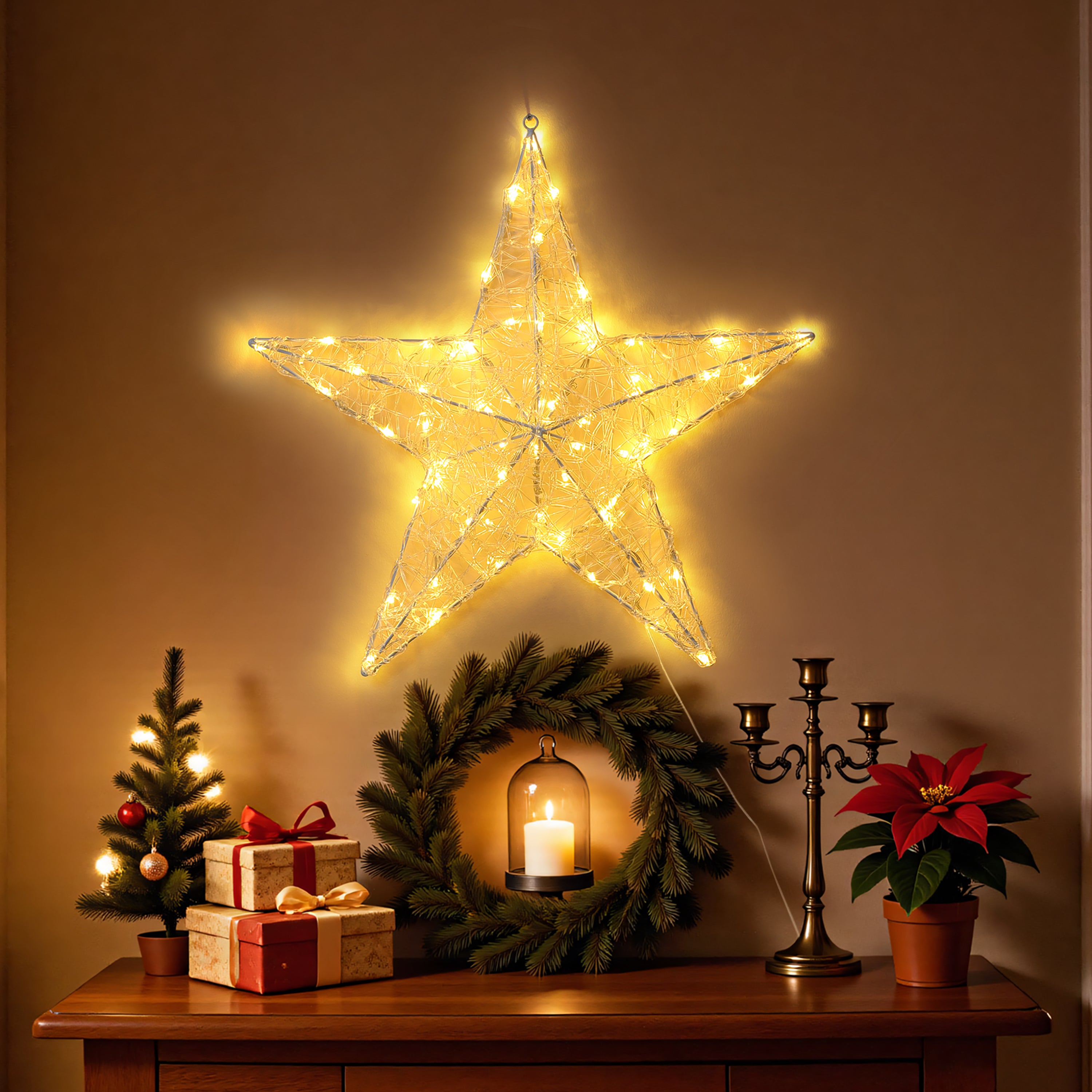 23 Inch 60 LED Warm White Lighted 3D Star Decor, Wireframe Hanging Star with Timer, Christmas Star Light for Indoor Outdoor Holiday, Party, Home, Window, Ceiling Decor