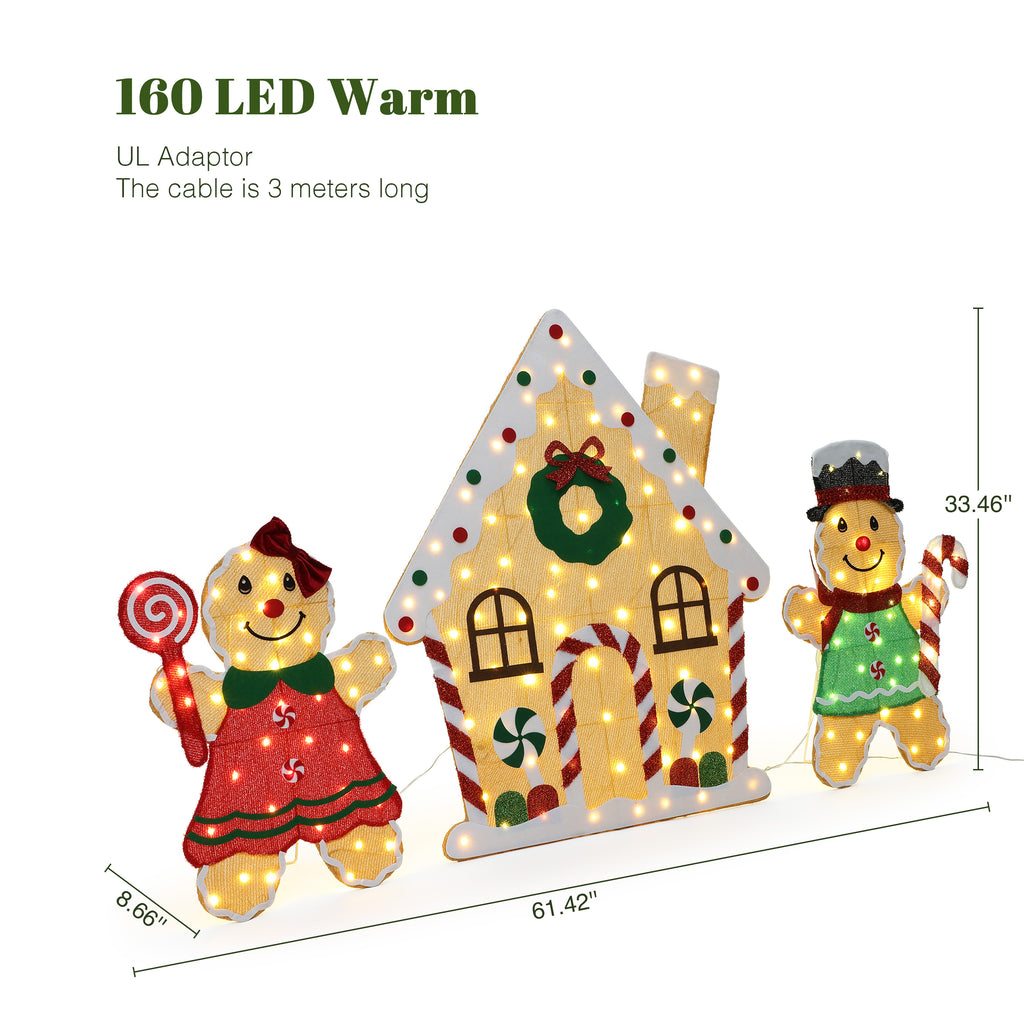 33.46" 160 LED Warm White Lighted Gingerbread Family & House Christmas Decor, Pre-Lit Gingerbread Man Yard Decoration with UL Adapter, Outdoor Indoor Holiday Lawn Decor for Garden, Party, Home