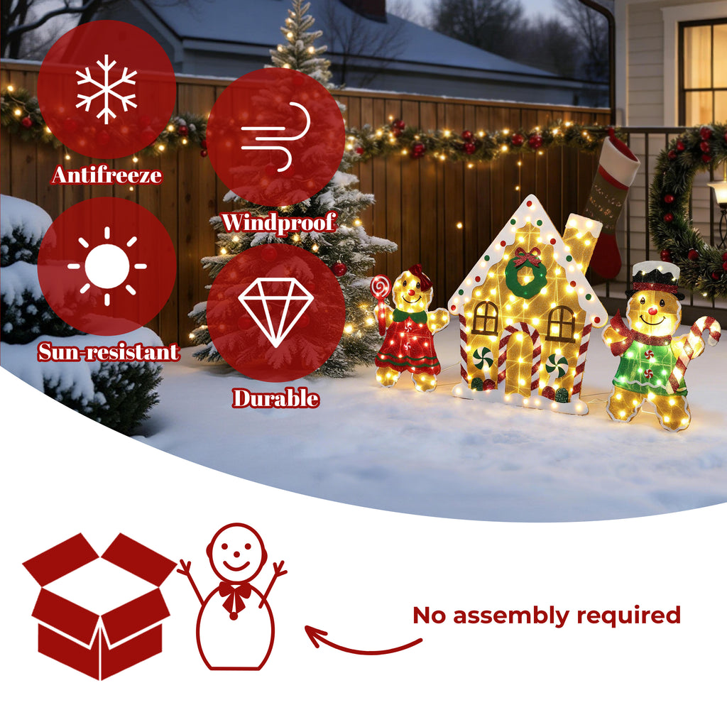 33.46" 160 LED Warm White Lighted Gingerbread Family & House Christmas Decor, Pre-Lit Gingerbread Man Yard Decoration with UL Adapter, Outdoor Indoor Holiday Lawn Decor for Garden, Party, Home
