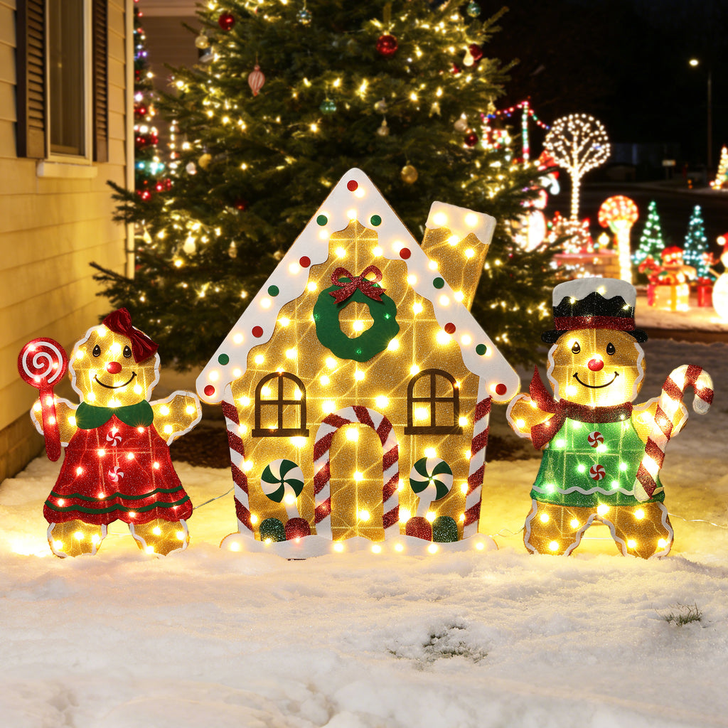 33.46" 160 LED Warm White Lighted Gingerbread Family & House Christmas Decor, Pre-Lit Gingerbread Man Yard Decoration with UL Adapter, Outdoor Indoor Holiday Lawn Decor for Garden, Party, Home