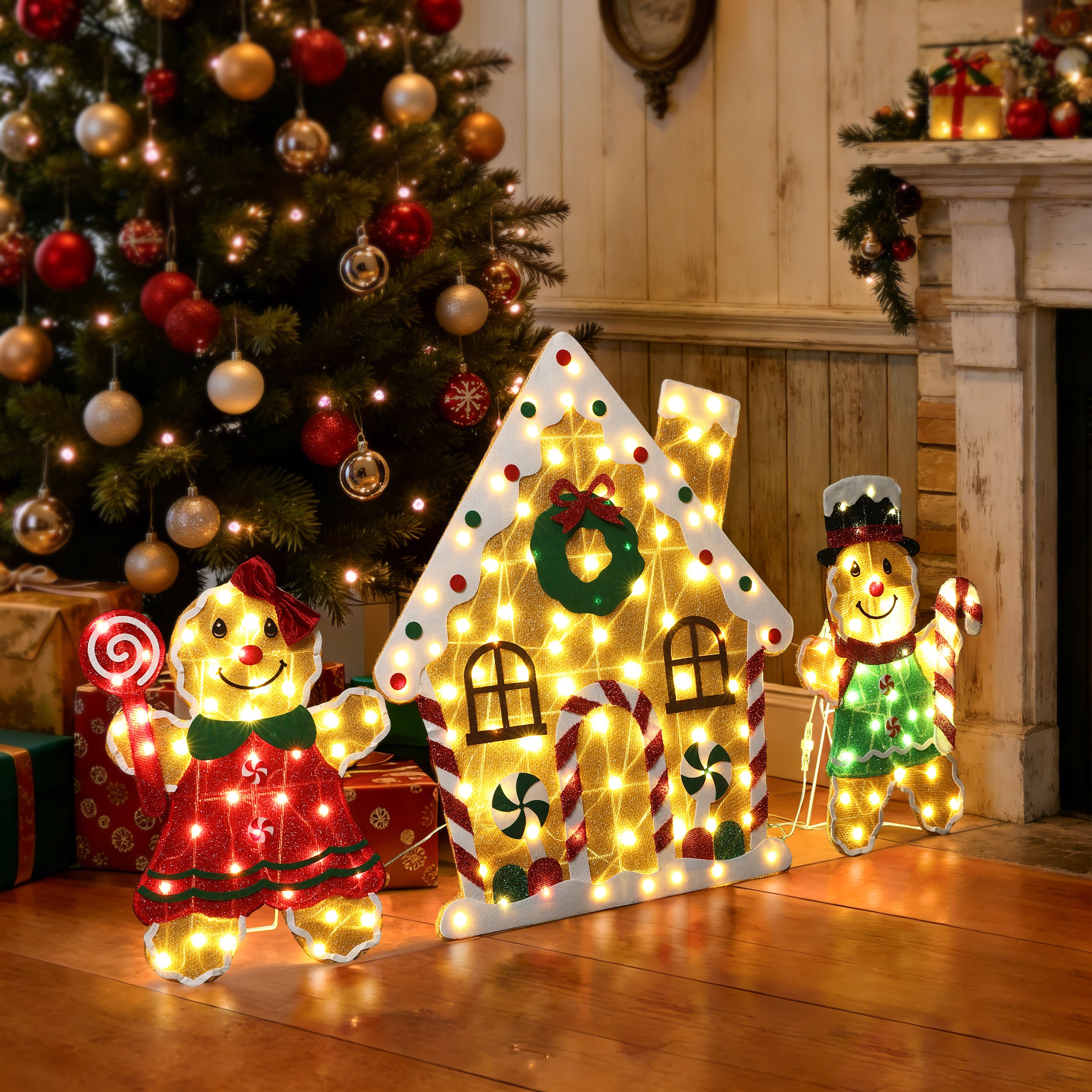 33.46" 160 LED Warm White Lighted Gingerbread Family & House Christmas Decor, Pre-Lit Gingerbread Man Yard Decoration with UL Adapter, Outdoor Indoor Holiday Lawn Decor for Garden, Party, Home