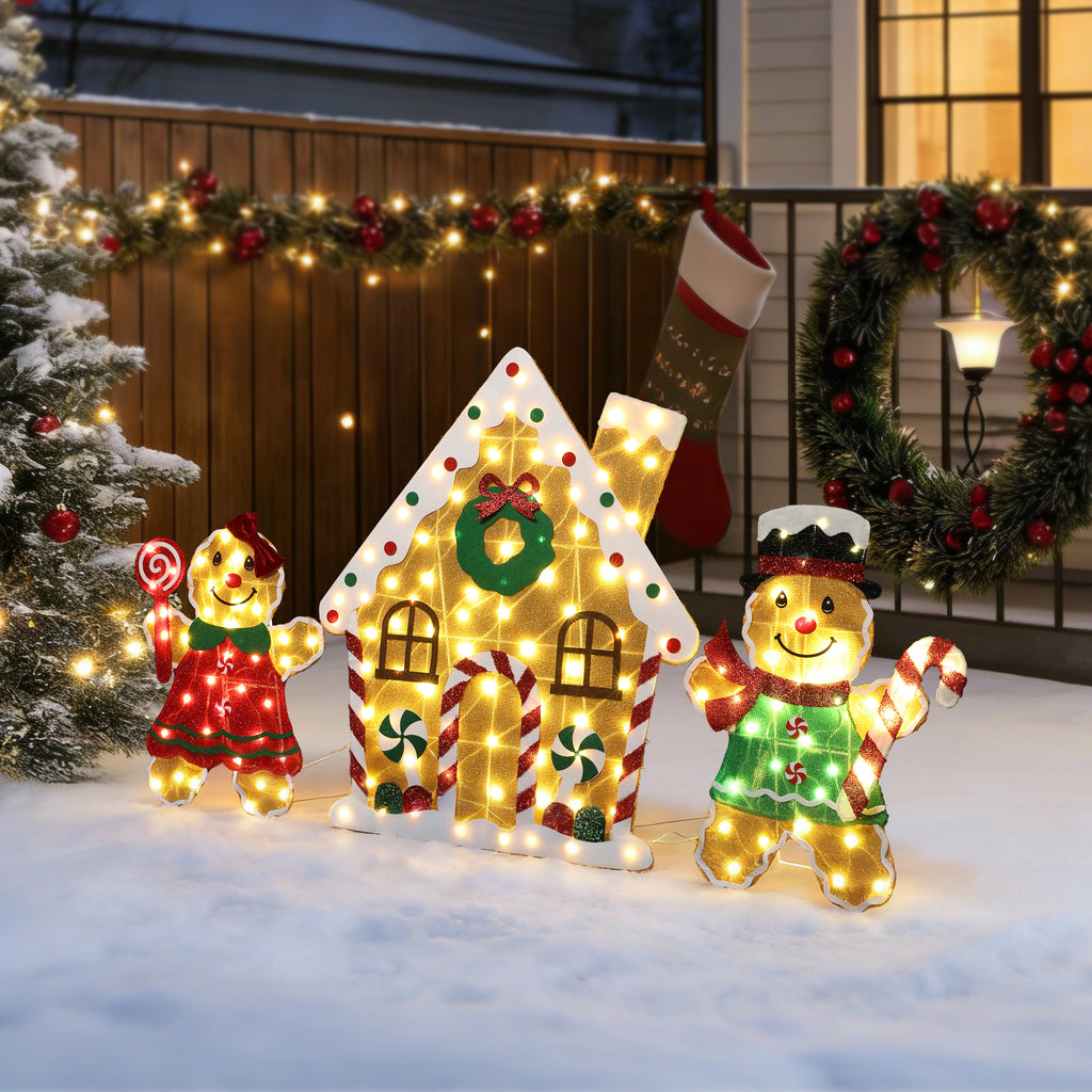 33.46" 160 LED Warm White Lighted Gingerbread Family & House Christmas Decor, Pre-Lit Gingerbread Man Yard Decoration with UL Adapter, Outdoor Indoor Holiday Lawn Decor for Garden, Party, Home