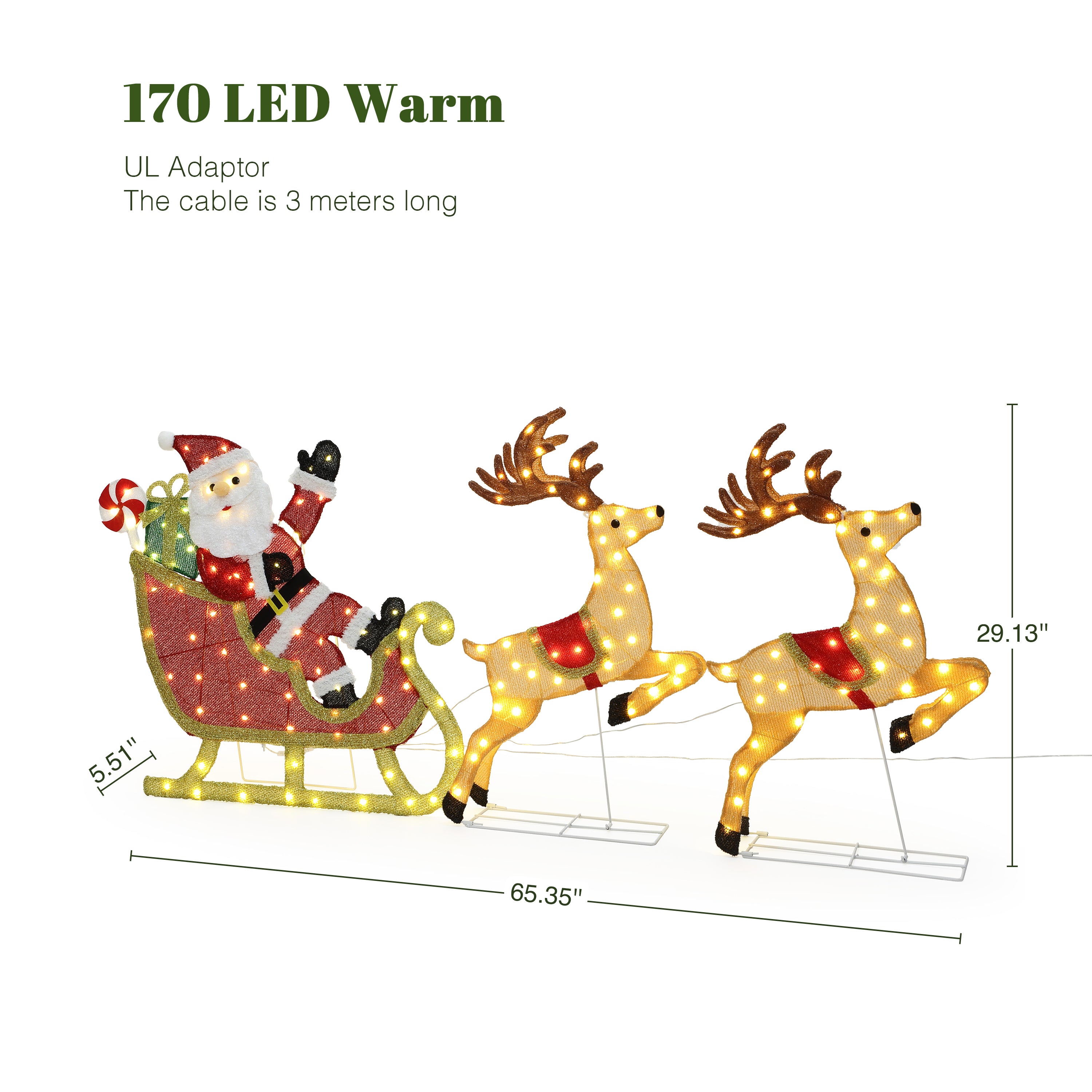 29.13" 170 LED Warm White Lighted Santa Sleigh with Reindeer Christmas Decor, Pre-Lit Outdoor Yard Decoration with UL Adapter, Holiday Lawn Decor for Garden, Party, Home