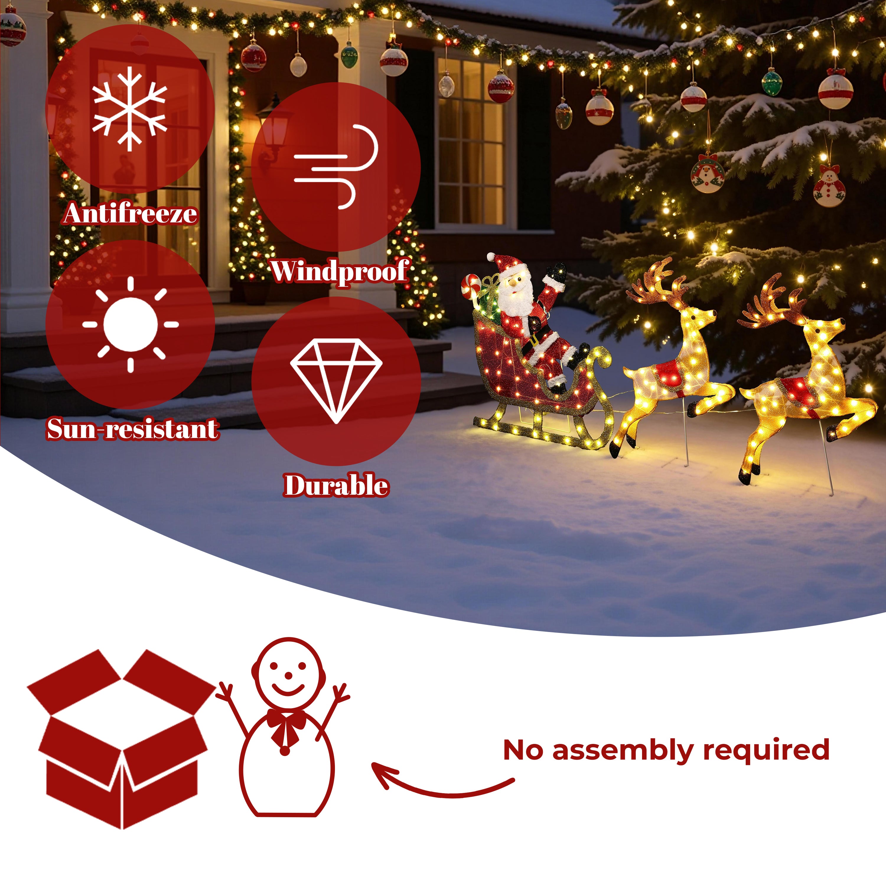 29.13" 170 LED Warm White Lighted Santa Sleigh with Reindeer Christmas Decor, Pre-Lit Outdoor Yard Decoration with UL Adapter, Holiday Lawn Decor for Garden, Party, Home