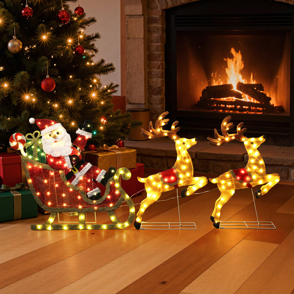29.13" 170 LED Warm White Lighted Santa Sleigh with Reindeer Christmas Decor, Pre-Lit Outdoor Yard Decoration with UL Adapter, Holiday Lawn Decor for Garden, Party, Home