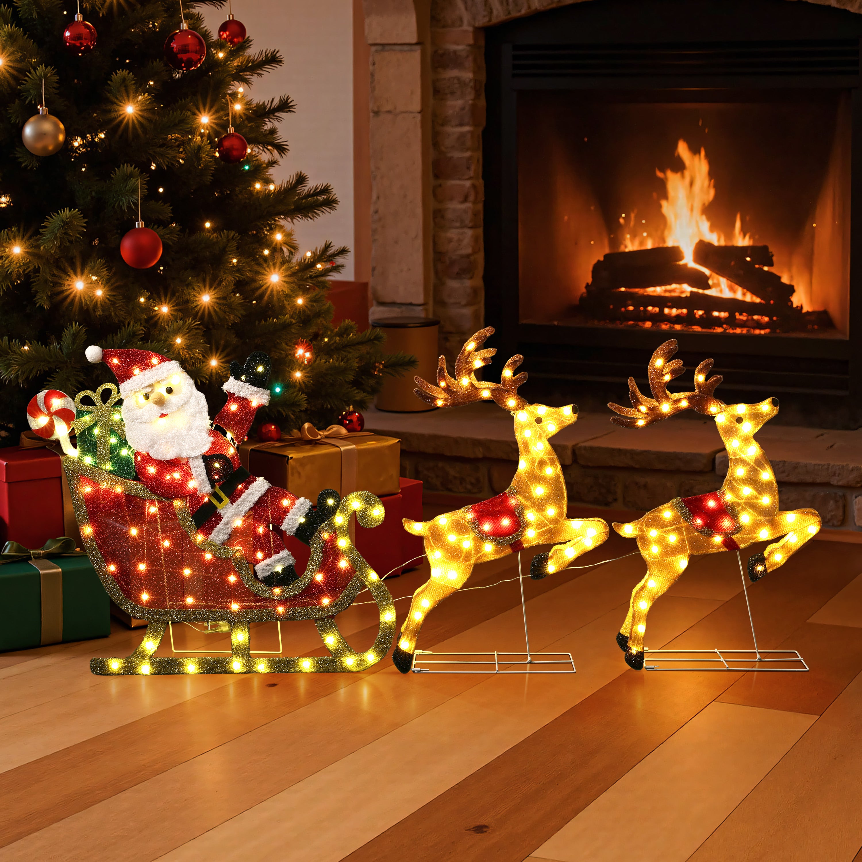 29.13" 170 LED Warm White Lighted Santa Sleigh with Reindeer Christmas Decor, Pre-Lit Outdoor Yard Decoration with UL Adapter, Holiday Lawn Decor for Garden, Party, Home