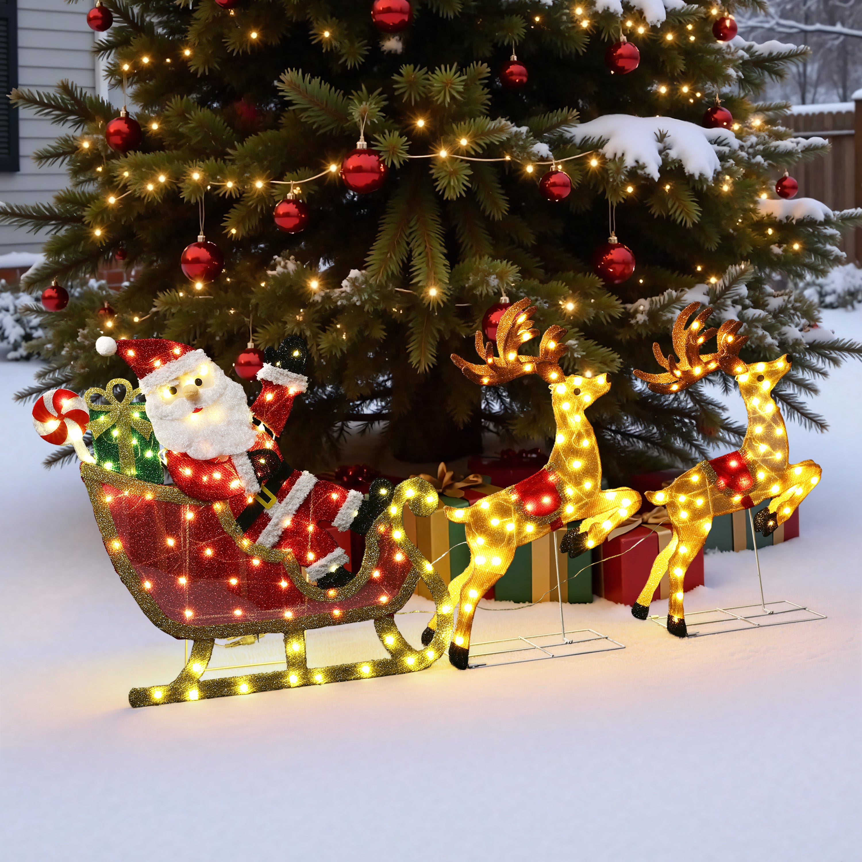 29.13" 170 LED Warm White Lighted Santa Sleigh with Reindeer Christmas Decor, Pre-Lit Outdoor Yard Decoration with UL Adapter, Holiday Lawn Decor for Garden, Party, Home