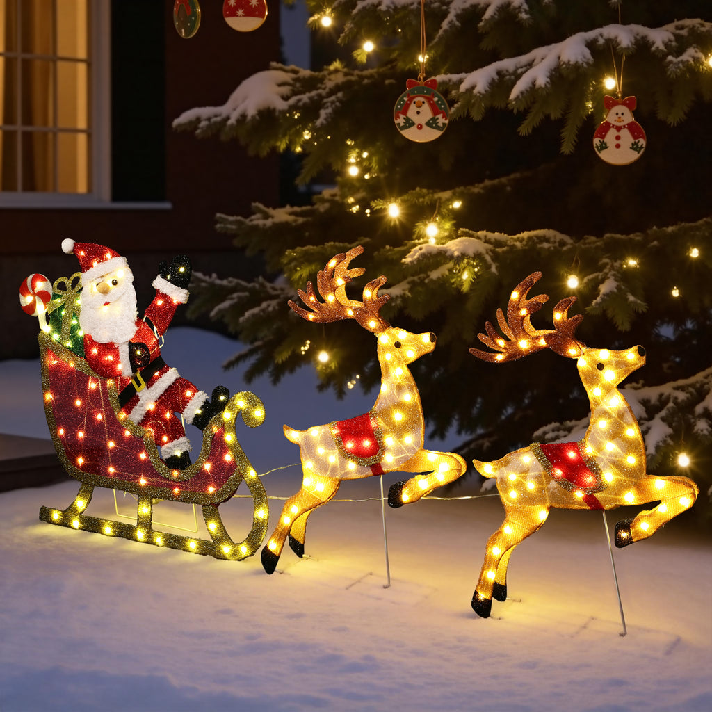 29.13" 170 LED Warm White Lighted Santa Sleigh with Reindeer Christmas Decor, Pre-Lit Outdoor Yard Decoration with UL Adapter, Holiday Lawn Decor for Garden, Party, Home