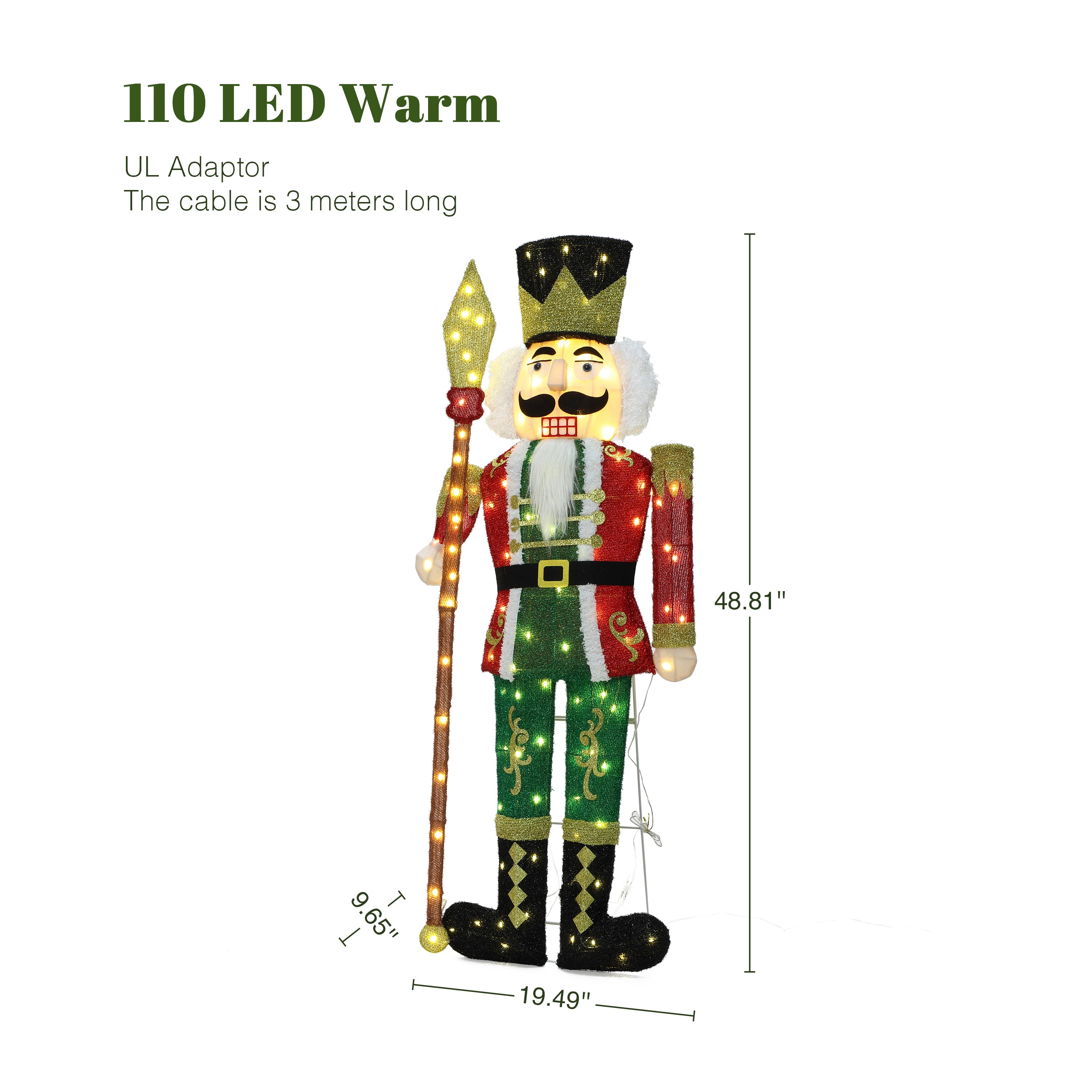 48.81" 110 LED Warm White Lighted Nutcracker with Spear Christmas Decor, Pre-Lit Outdoor Yard Decoration with UL Adapter & 3m Cable, Holiday Lawn Decor for Garden, Party, Home