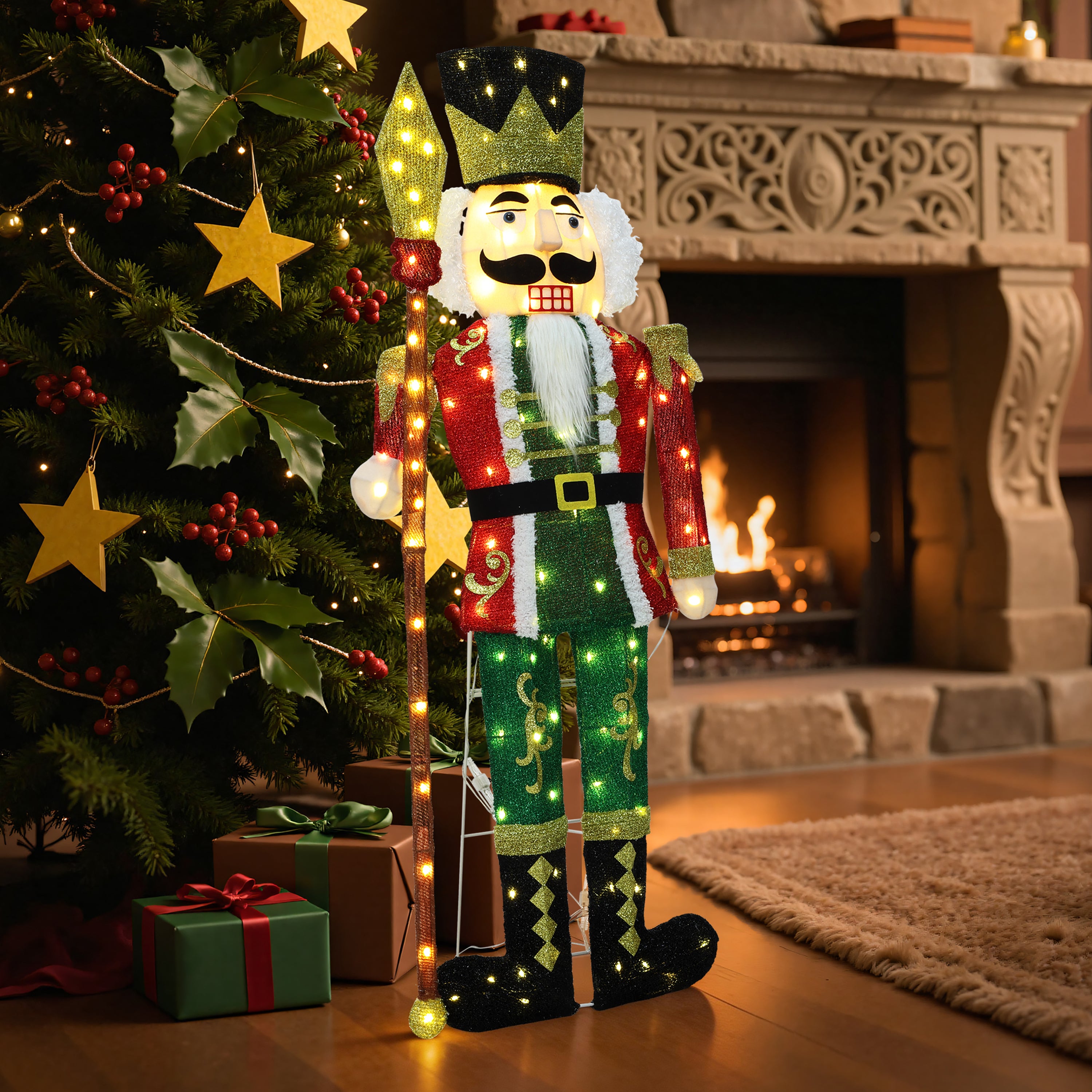 48.81" 110 LED Warm White Lighted Nutcracker with Spear Christmas Decor, Pre-Lit Outdoor Yard Decoration with UL Adapter & 3m Cable, Holiday Lawn Decor for Garden, Party, Home