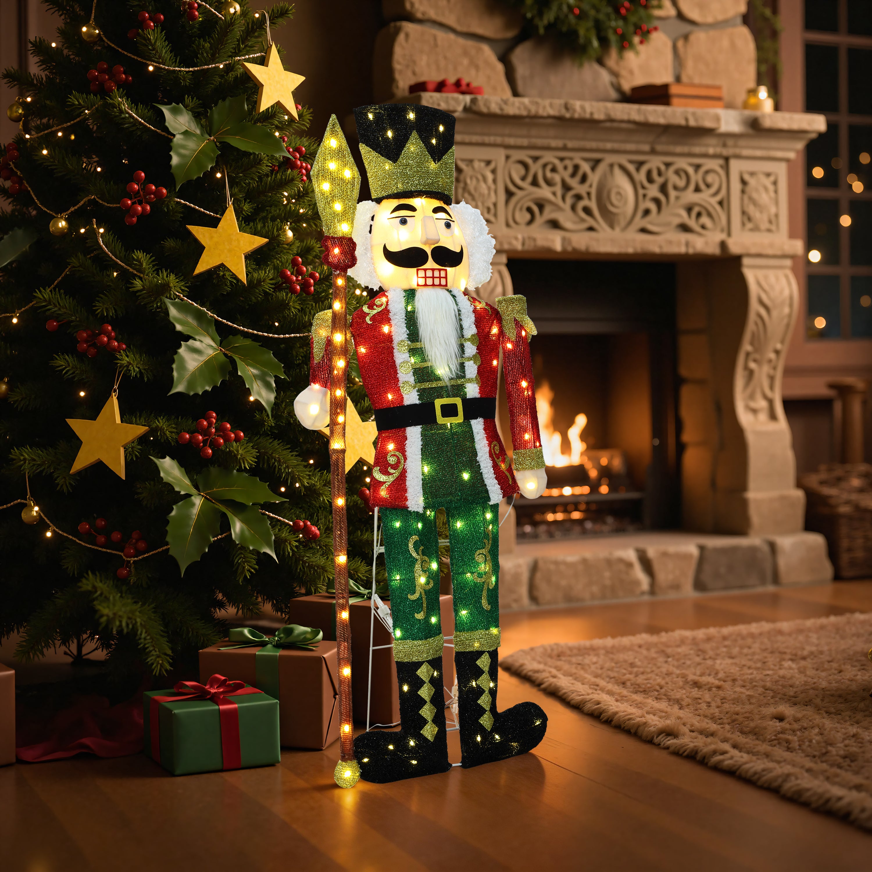 48.81" 110 LED Warm White Lighted Nutcracker with Spear Christmas Decor, Pre-Lit Outdoor Yard Decoration with UL Adapter & 3m Cable, Holiday Lawn Decor for Garden, Party, Home
