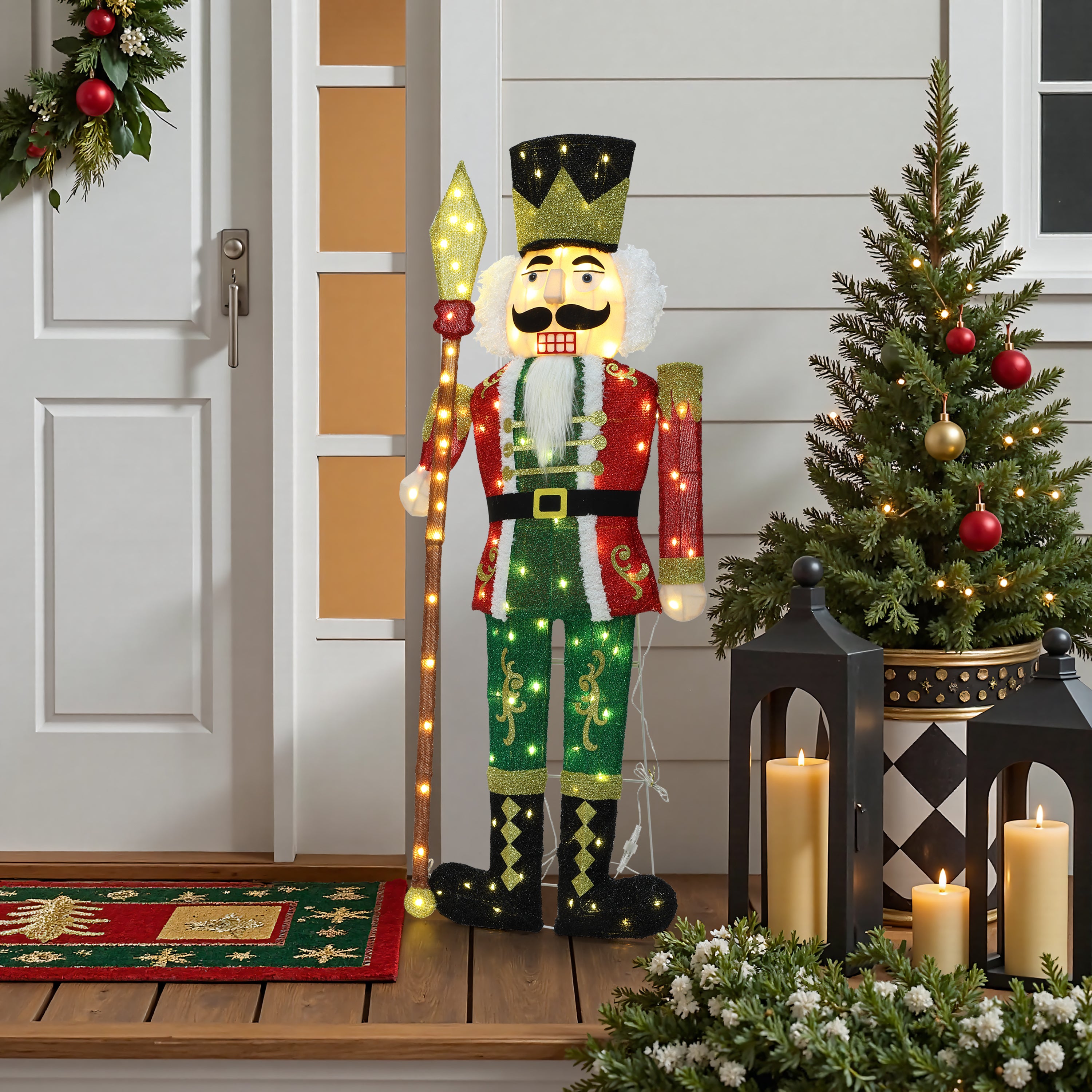 48.81" 110 LED Warm White Lighted Nutcracker with Spear Christmas Decor, Pre-Lit Outdoor Yard Decoration with UL Adapter & 3m Cable, Holiday Lawn Decor for Garden, Party, Home