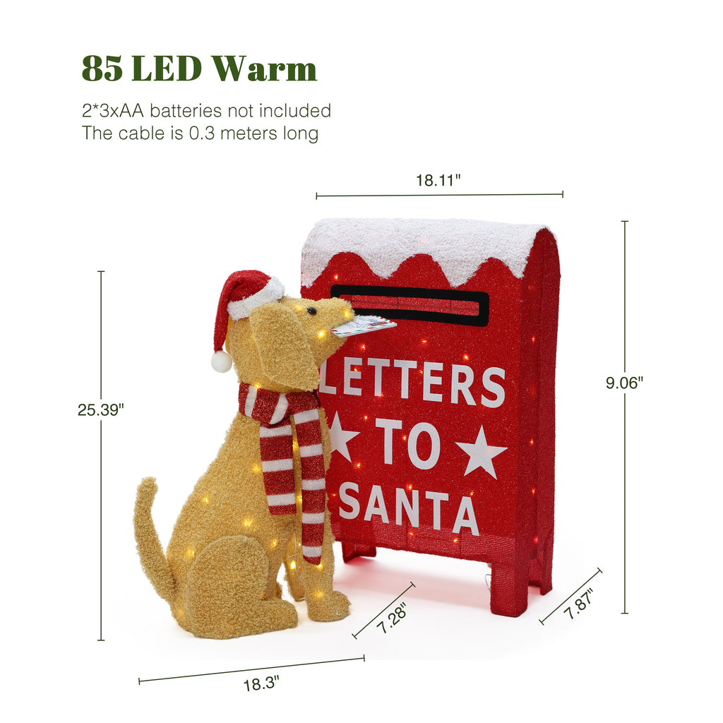 25.39" 85 LED Warm White Lighted Dog with Letters to Santa Mailbox Christmas Decor, Battery Operated Pre-Lit Holiday Decoration for Indoor Outdoor Home, Yard, Party