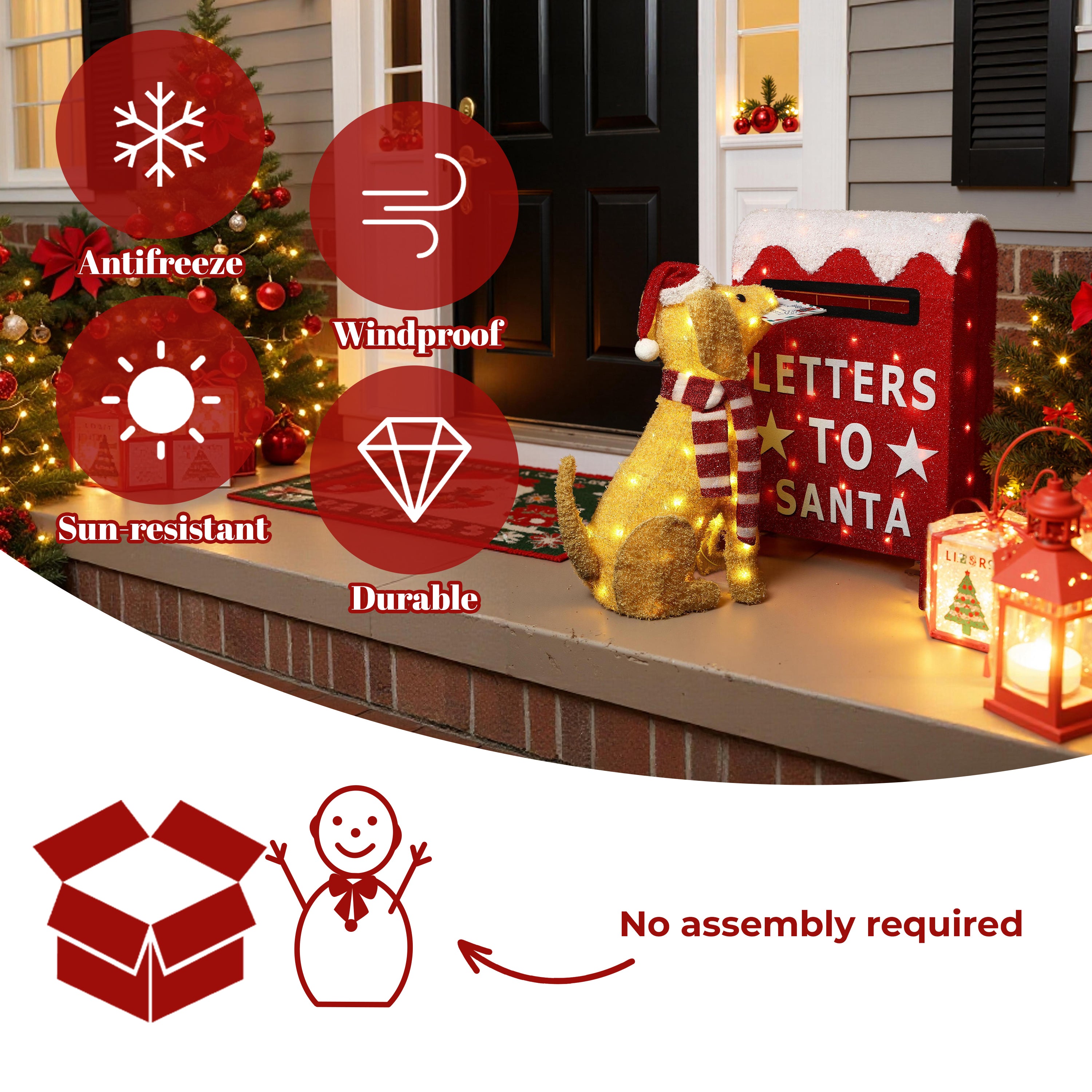 25.39" 85 LED Warm White Lighted Dog with Letters to Santa Mailbox Christmas Decor, Battery Operated Pre-Lit Holiday Decoration for Indoor Outdoor Home, Yard, Party