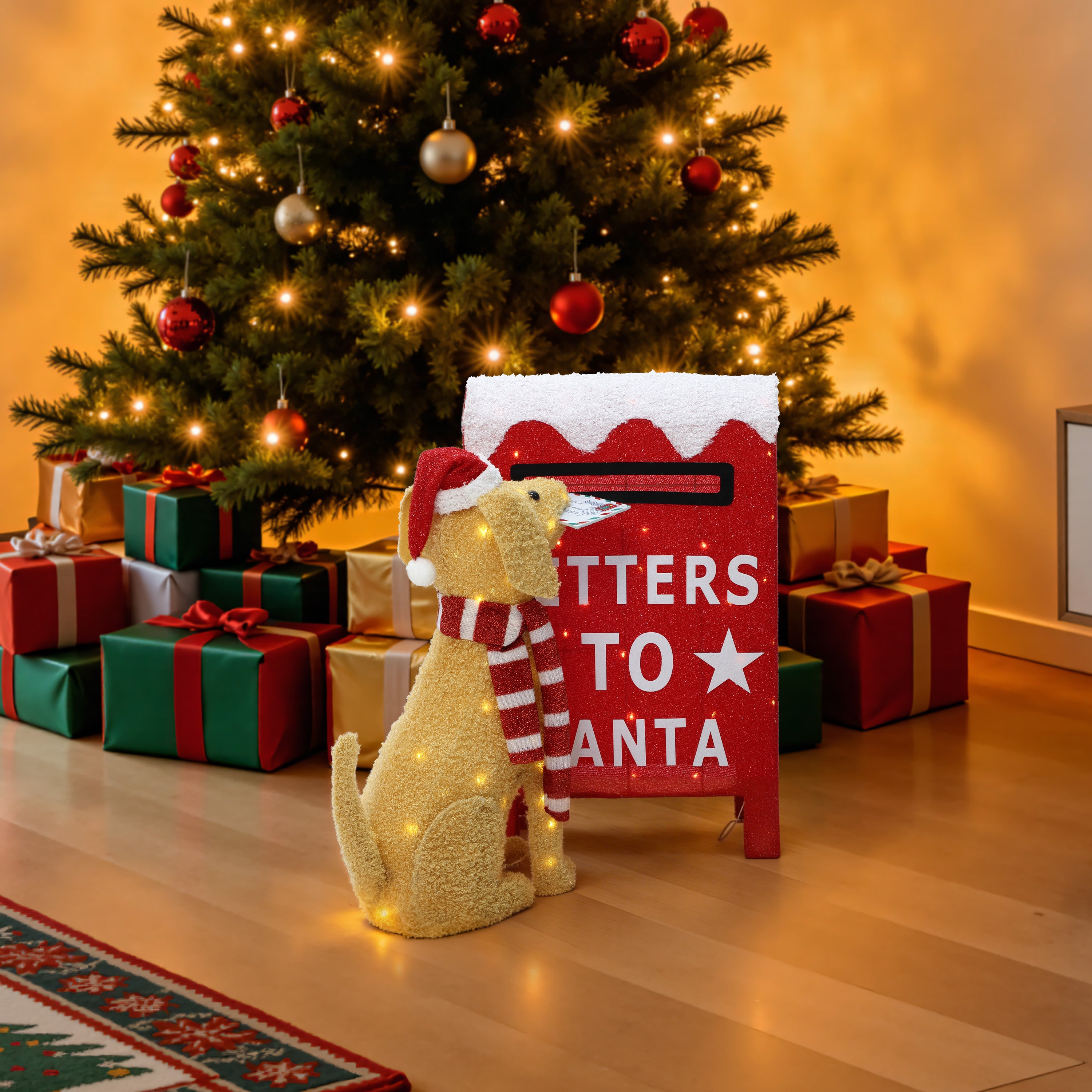 25.39" 85 LED Warm White Lighted Dog with Letters to Santa Mailbox Christmas Decor, Battery Operated Pre-Lit Holiday Decoration for Indoor Outdoor Home, Yard, Party