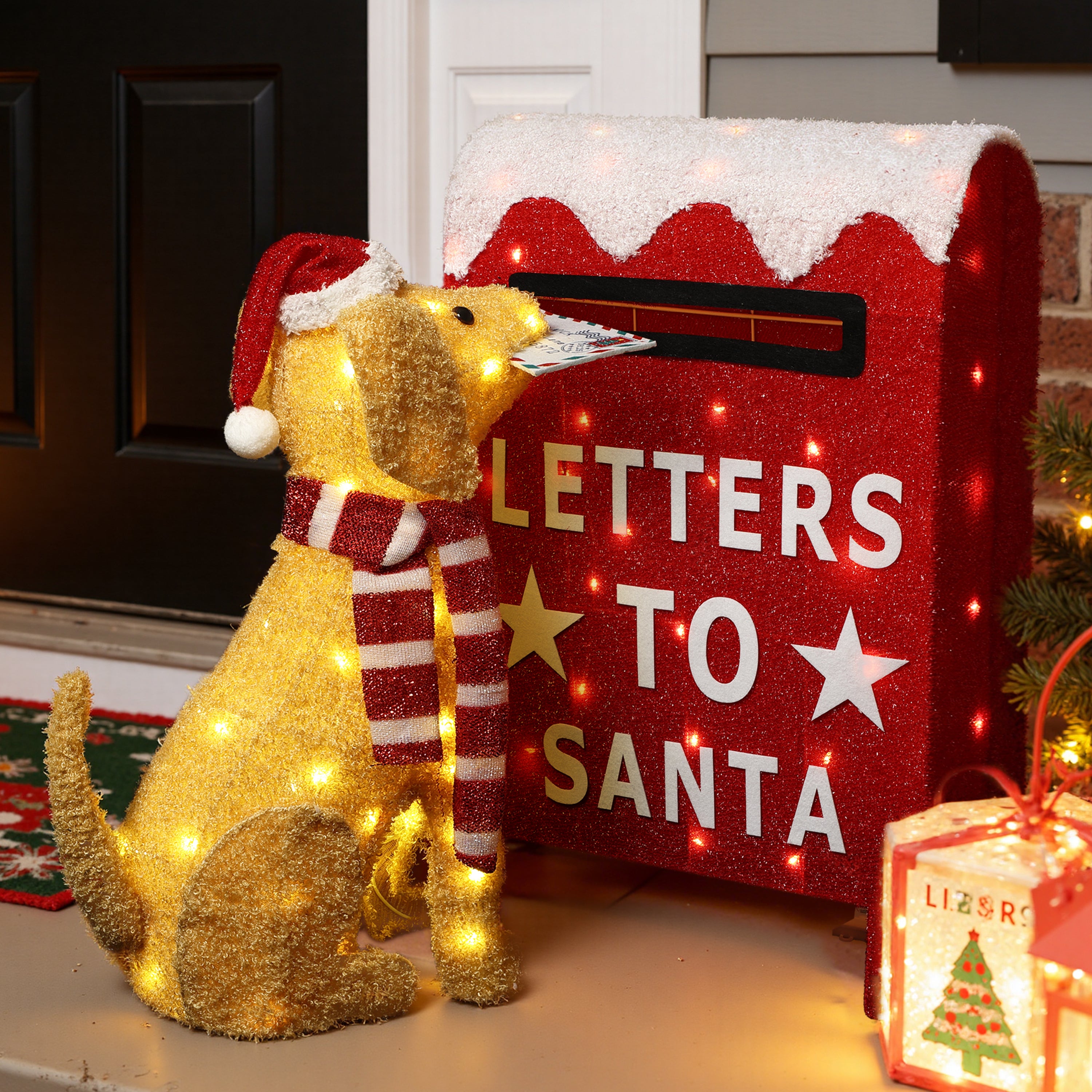 25.39" 85 LED Warm White Lighted Dog with Letters to Santa Mailbox Christmas Decor, Battery Operated Pre-Lit Holiday Decoration for Indoor Outdoor Home, Yard, Party