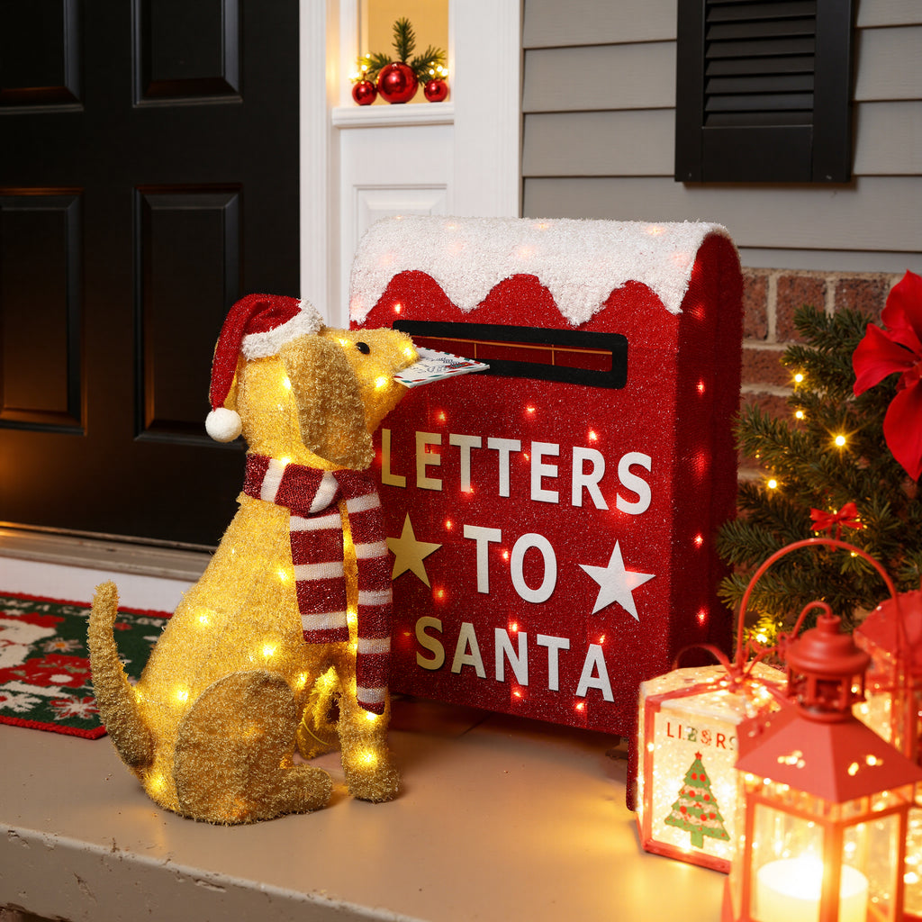 25.39" 85 LED Warm White Lighted Dog with Letters to Santa Mailbox Christmas Decor, Battery Operated Pre-Lit Holiday Decoration for Indoor Outdoor Home, Yard, Party