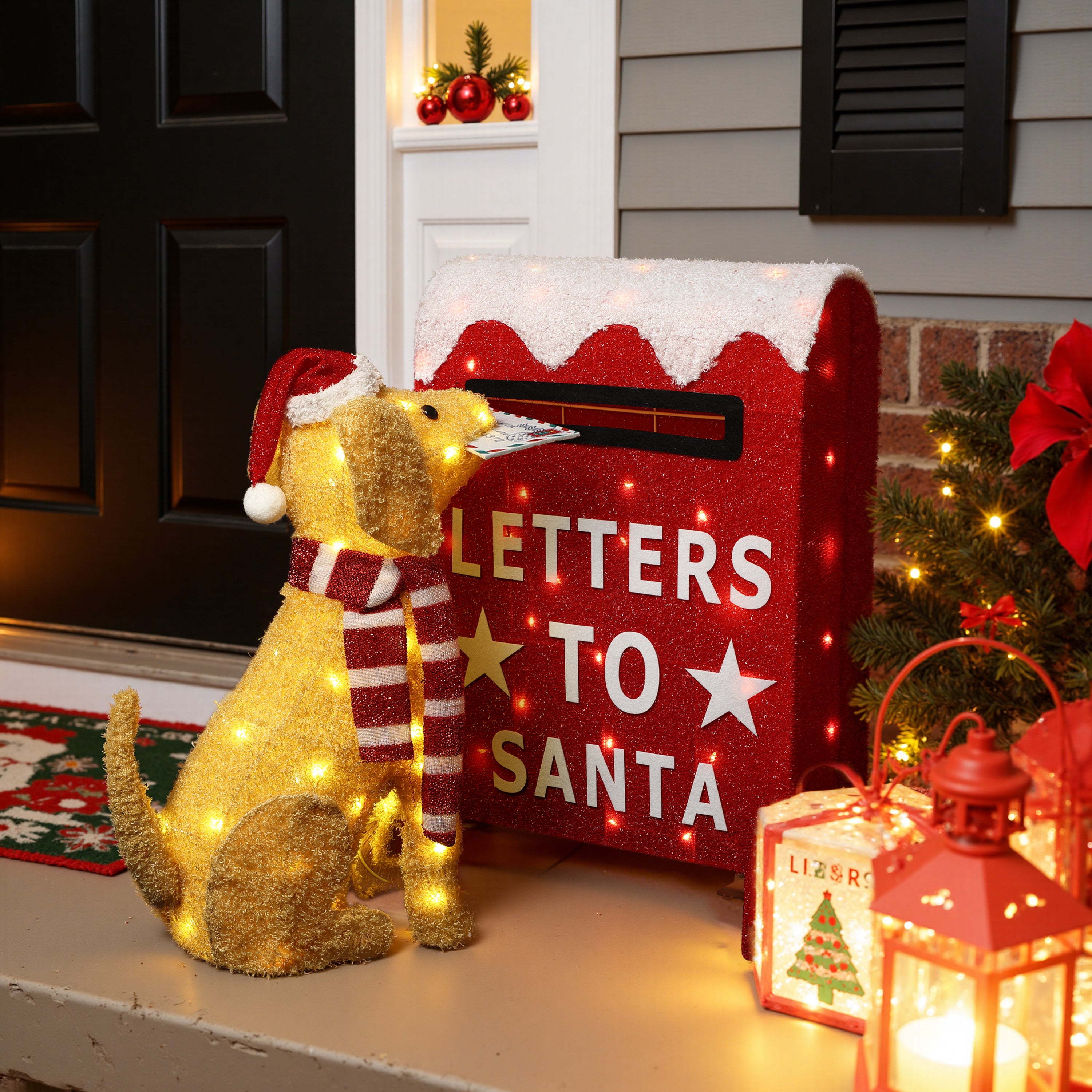 25.39" 85 LED Warm White Lighted Dog with Letters to Santa Mailbox Christmas Decor, Battery Operated Pre-Lit Holiday Decoration for Indoor Outdoor Home, Yard, Party