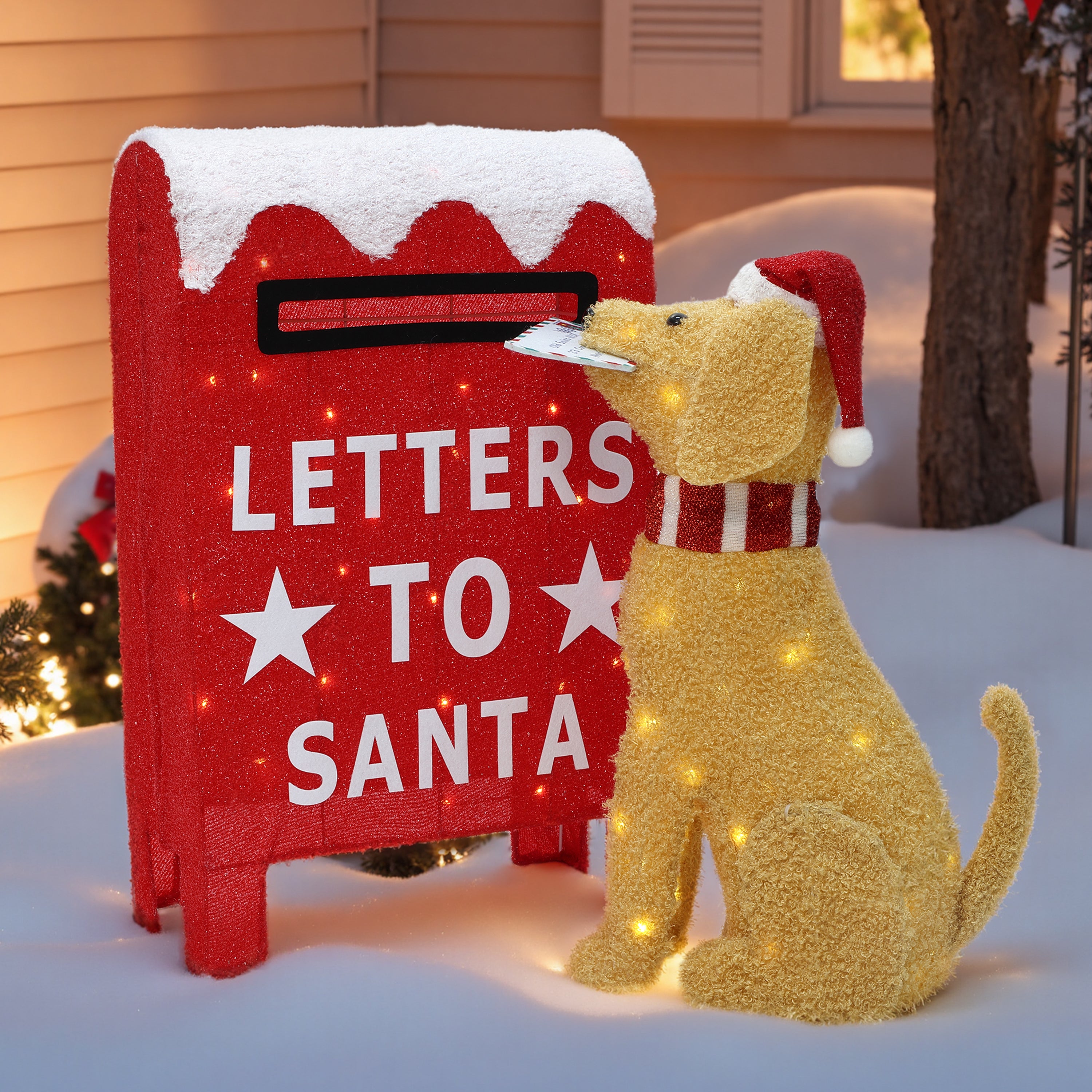 25.39" 85 LED Warm White Lighted Dog with Letters to Santa Mailbox Christmas Decor, Battery Operated Pre-Lit Holiday Decoration for Indoor Outdoor Home, Yard, Party