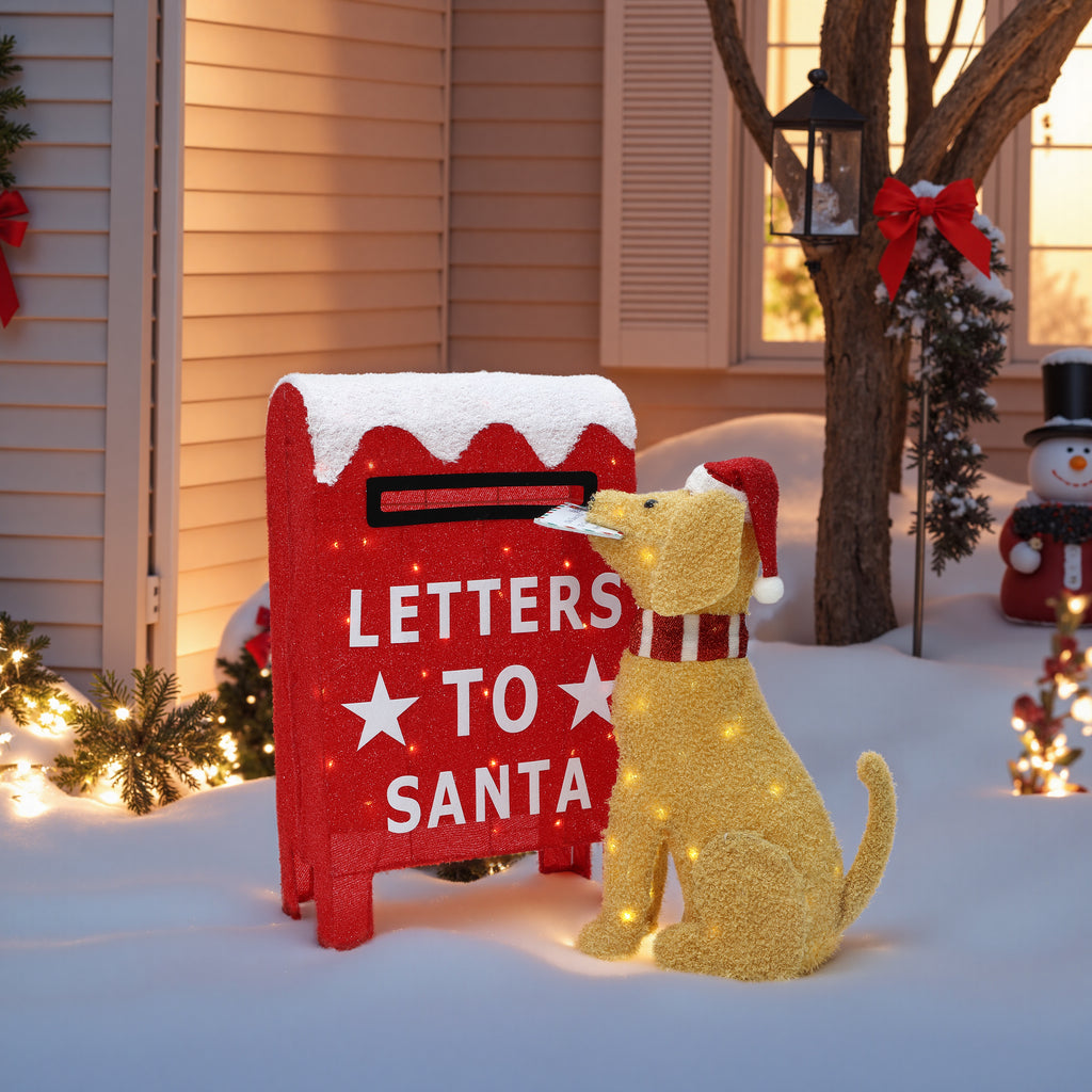 25.39" 85 LED Warm White Lighted Dog with Letters to Santa Mailbox Christmas Decor, Battery Operated Pre-Lit Holiday Decoration for Indoor Outdoor Home, Yard, Party