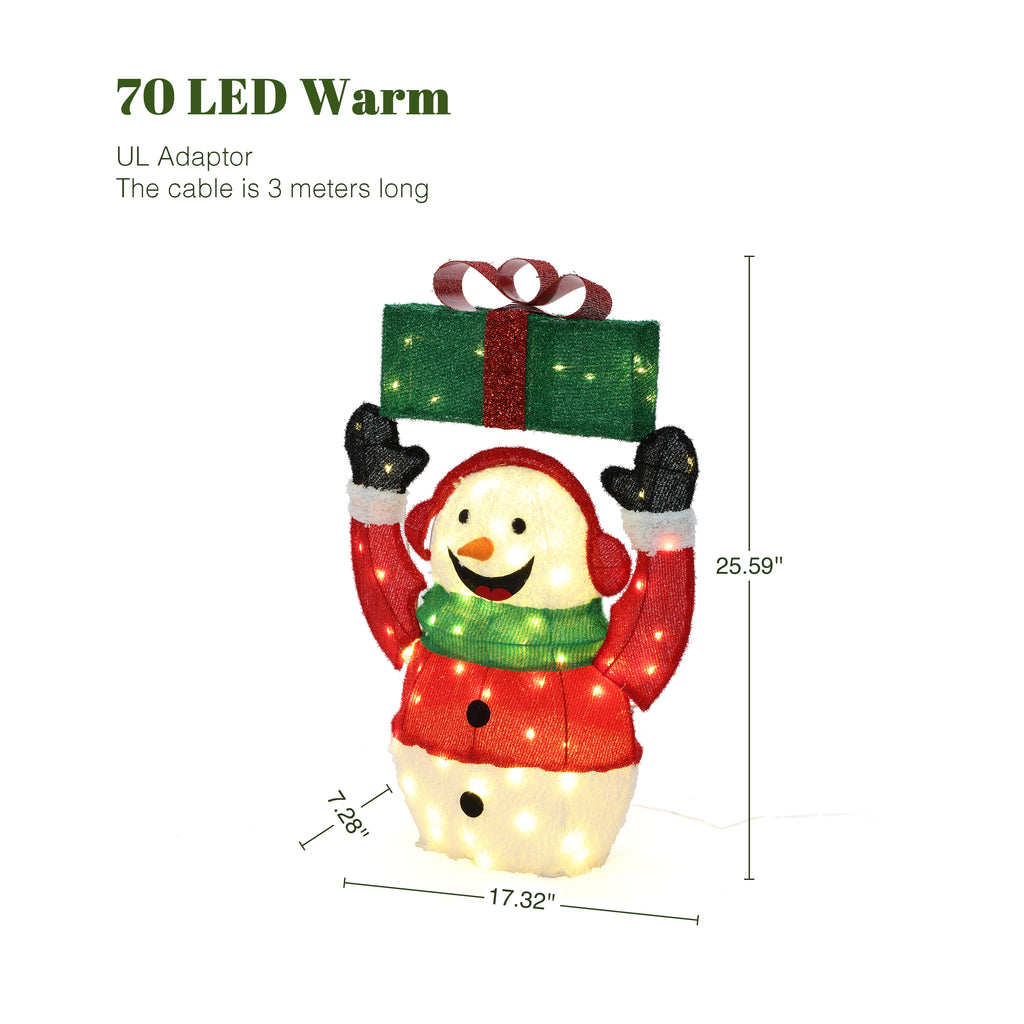 25.59" 70 LED Warm White Lighted Snowman with Gift Christmas Decor, Pre-Lit Outdoor Yard Decoration with UL Adapter, Holiday Lawn Decor for Garden, Party, Home