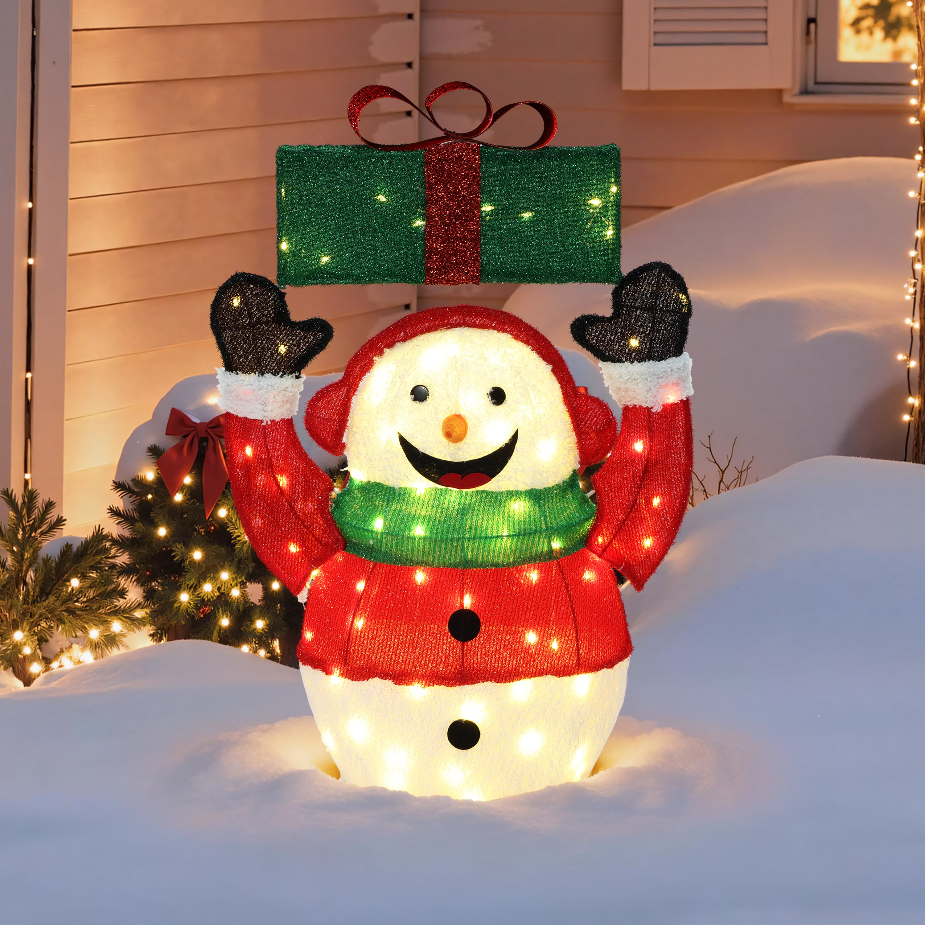 25.59" 70 LED Warm White Lighted Snowman with Gift Christmas Decor, Pre-Lit Outdoor Yard Decoration with UL Adapter, Holiday Lawn Decor for Garden, Party, Home