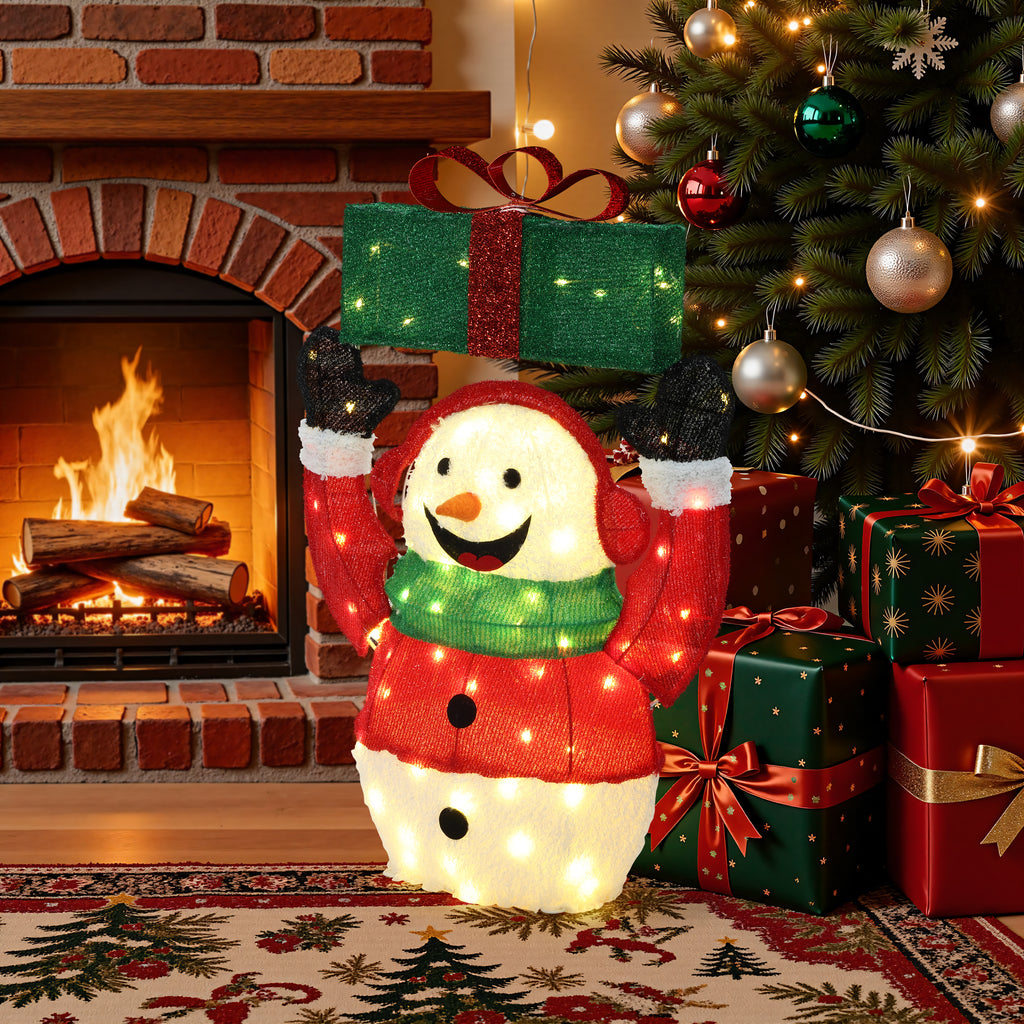 25.59" 70 LED Warm White Lighted Snowman with Gift Christmas Decor, Pre-Lit Outdoor Yard Decoration with UL Adapter, Holiday Lawn Decor for Garden, Party, Home