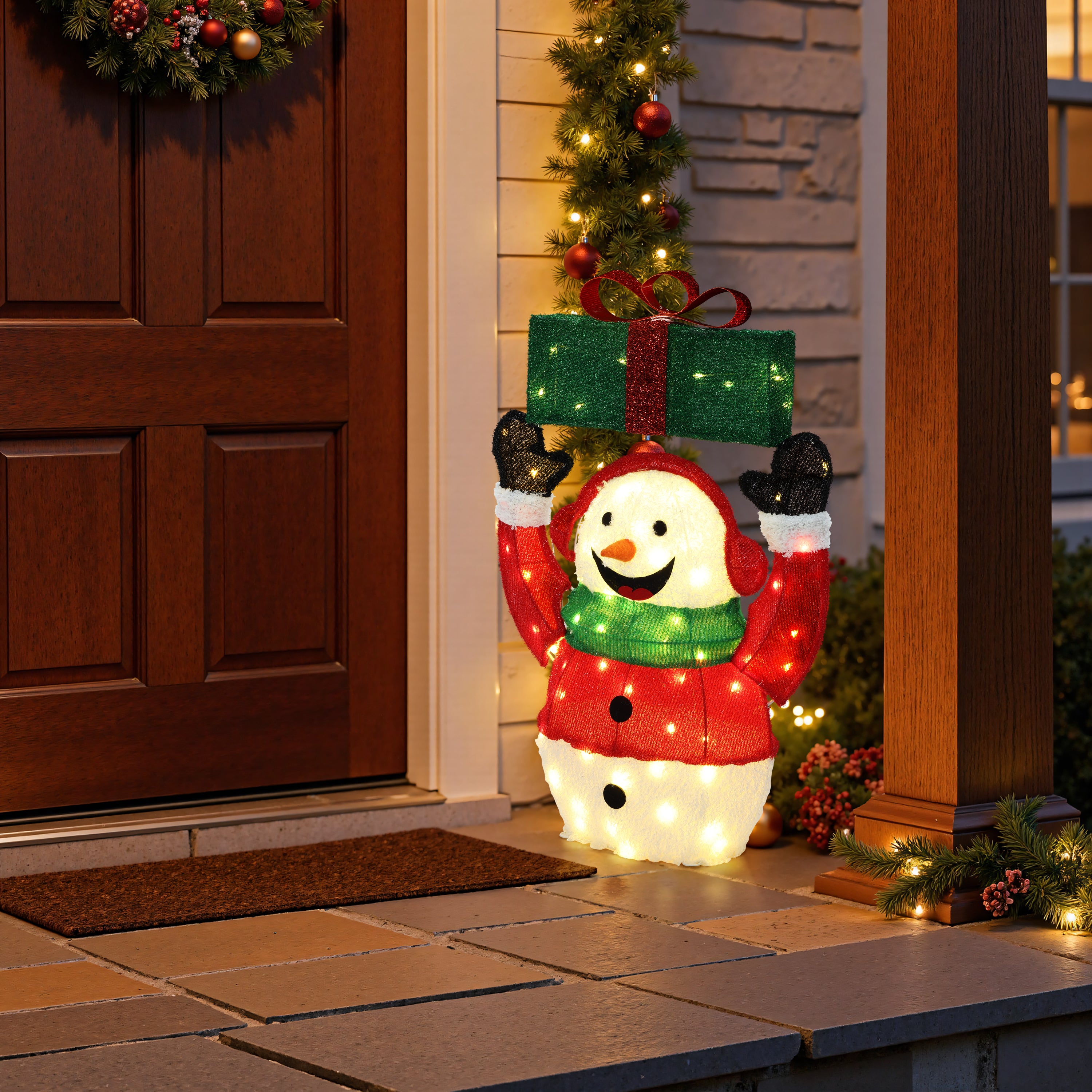 25.59" 70 LED Warm White Lighted Snowman with Gift Christmas Decor, Pre-Lit Outdoor Yard Decoration with UL Adapter, Holiday Lawn Decor for Garden, Party, Home