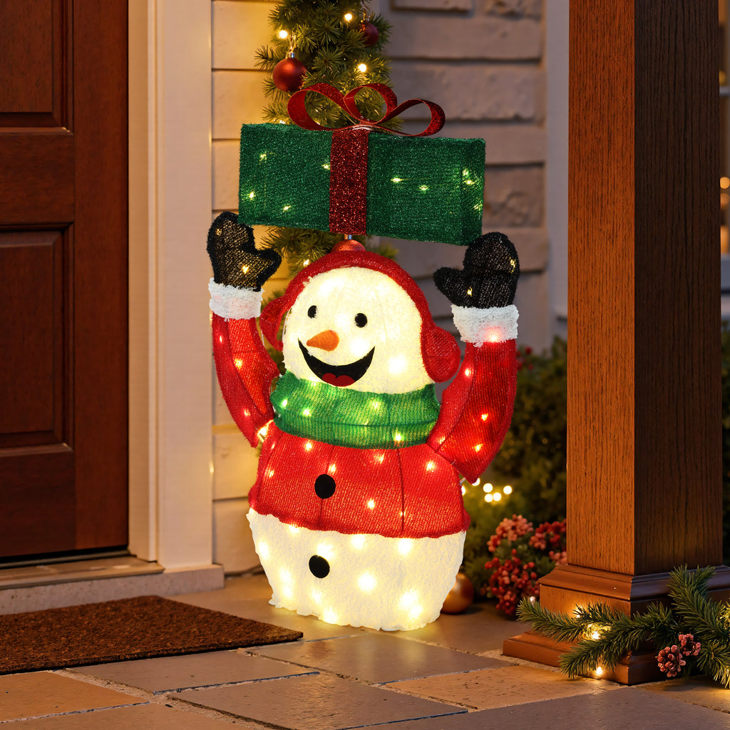 25.59" 70 LED Warm White Lighted Snowman with Gift Christmas Decor, Pre-Lit Outdoor Yard Decoration with UL Adapter, Holiday Lawn Decor for Garden, Party, Home