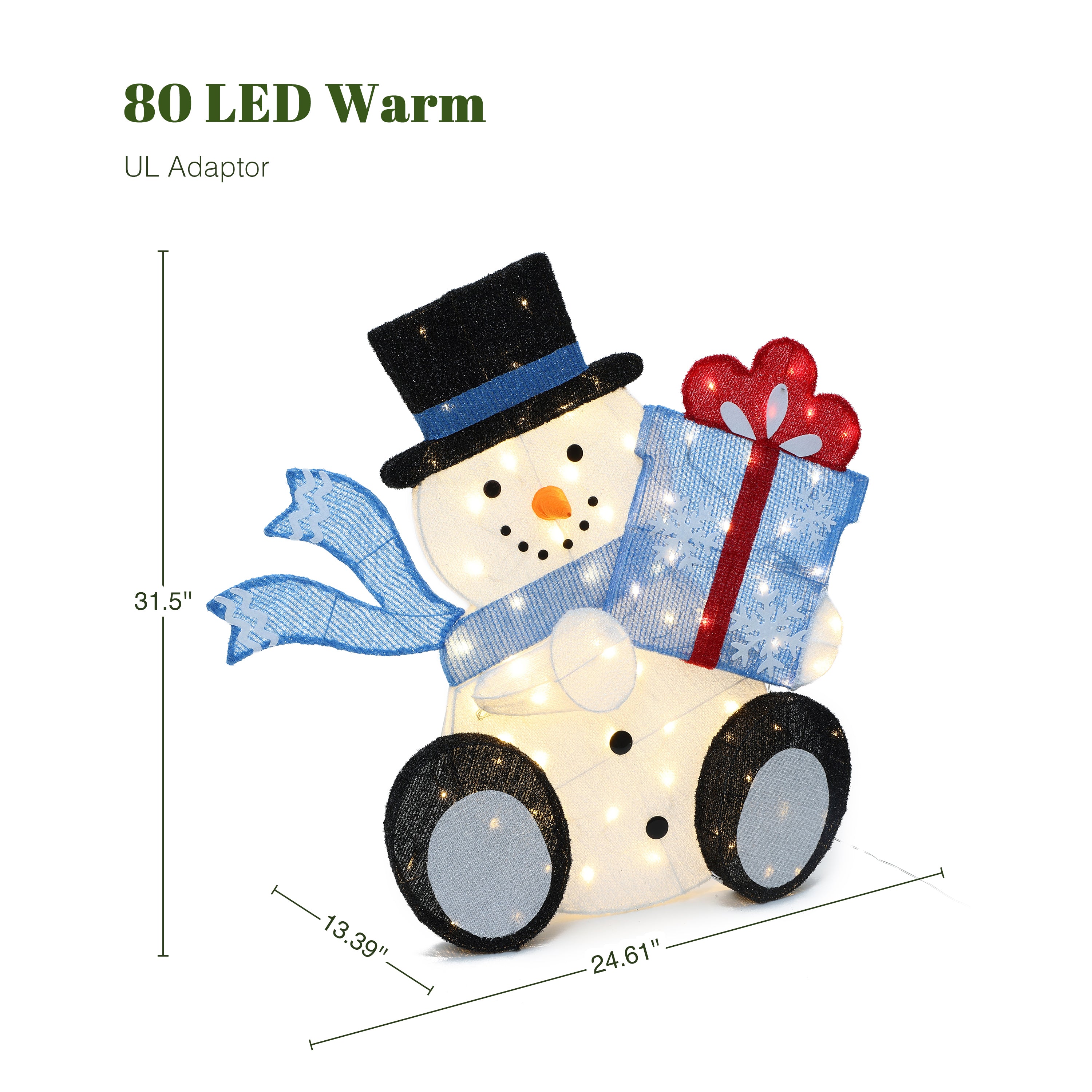 31.5" 80 LED Warm White Lighted Snowman with Gift Christmas Decor, Pre-Lit Outdoor Yard Decoration with UL Adaptor, Holiday Lawn Decor for Garden, Party, Home