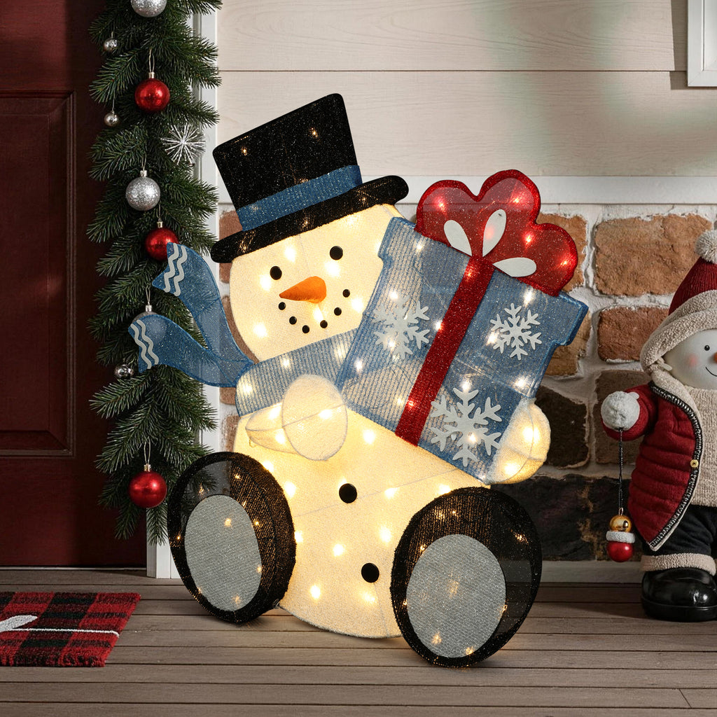 31.5" 80 LED Warm White Lighted Snowman with Gift Christmas Decor, Pre-Lit Outdoor Yard Decoration with UL Adaptor, Holiday Lawn Decor for Garden, Party, Home