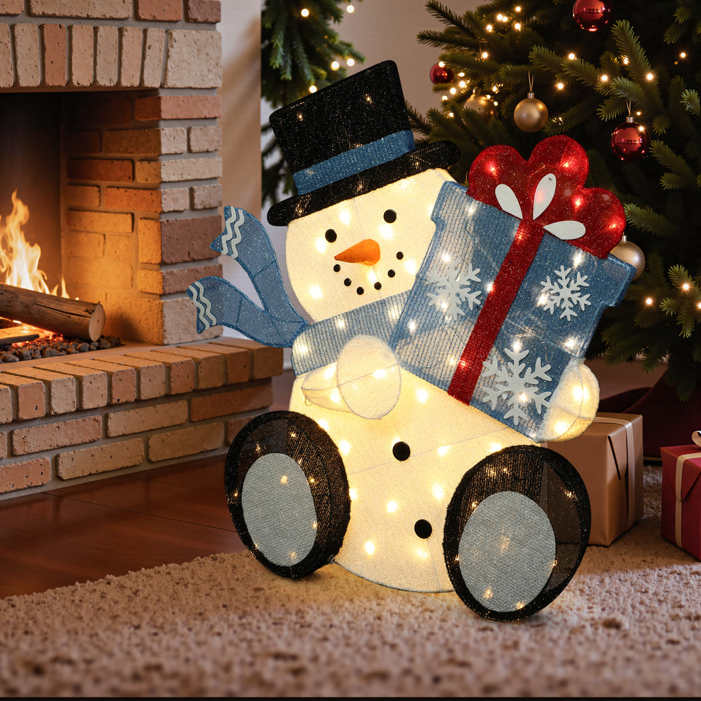 31.5" 80 LED Warm White Lighted Snowman with Gift Christmas Decor, Pre-Lit Outdoor Yard Decoration with UL Adaptor, Holiday Lawn Decor for Garden, Party, Home