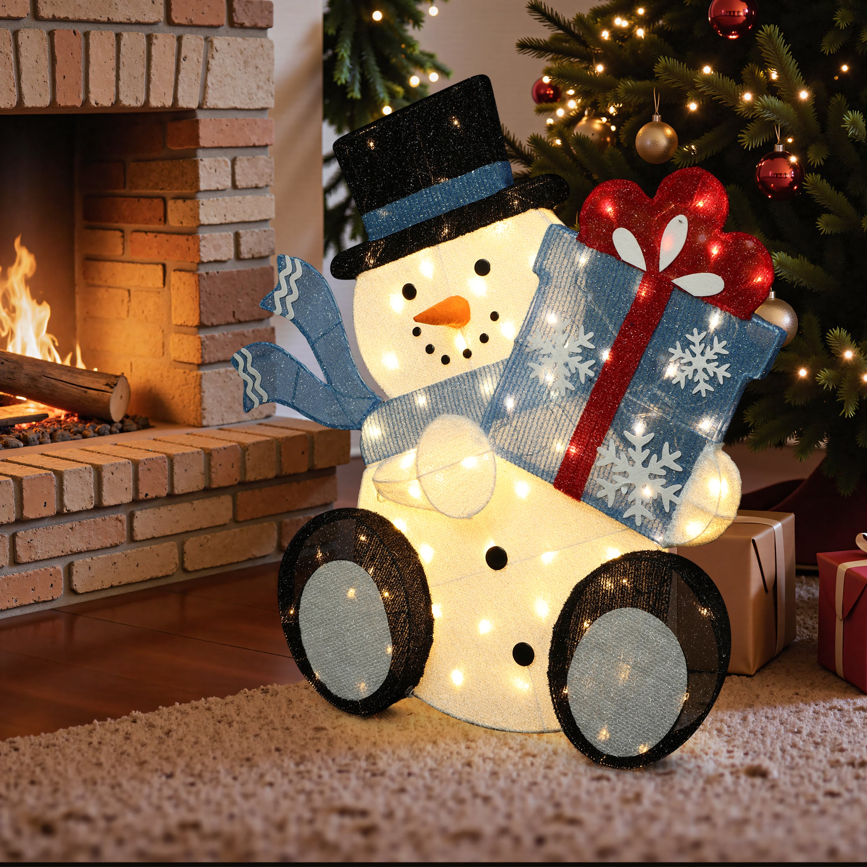 31.5" 80 LED Warm White Lighted Snowman with Gift Christmas Decor, Pre-Lit Outdoor Yard Decoration with UL Adaptor, Holiday Lawn Decor for Garden, Party, Home