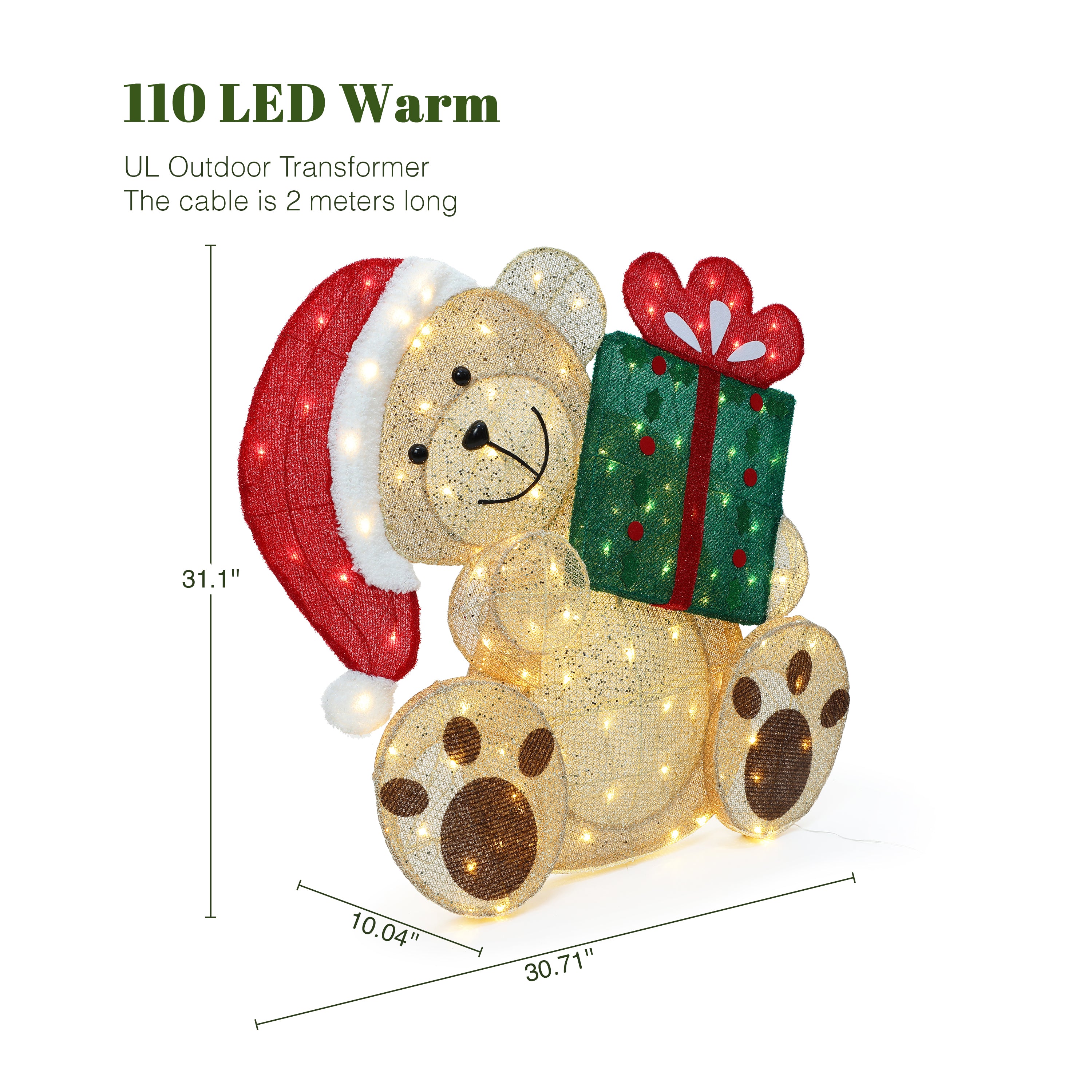 31.1" 110 LED Warm White Lighted Christmas Teddy Bear with Gift, Pre-Lit Outdoor Yard Decoration with UL Outdoor Transformer, Holiday Lawn Decor for Garden, Party, Home